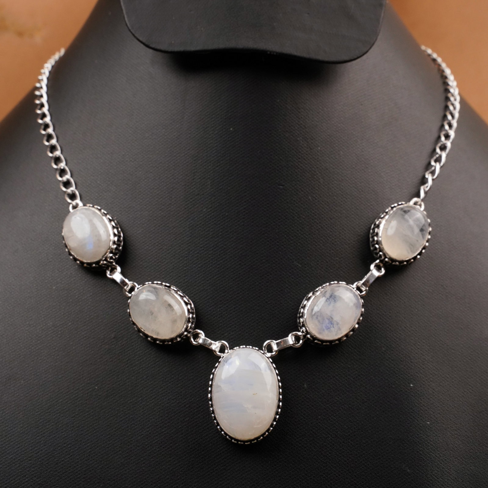 Natural Rainbow Moonstone Sterling Silver Plated Handmade Necklace: Product ID: 260409133619 Product - Handmade Silver Plated Necklace Metal - 92.5 Sterling Silver Plated Necklace Length - 18 Inch Gemstone - Rainbow Moonstone Gemstone Size - 12X16 MM ( 4 Stone) 22x18 