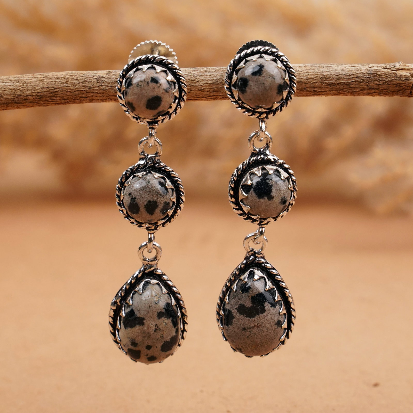 Natural Dalmatian Jasper Sterling Silver Plated Handmade Stud Earring: Product ID: 260410125608 Product - Handmade Silver Plated Stud Earring Metal - 92.5 Sterling Silver Plated Earring Type - Stud Gemstone - Dalmatian Jasper Gemstone Origin - Mexico Gemstone Size - 10X1