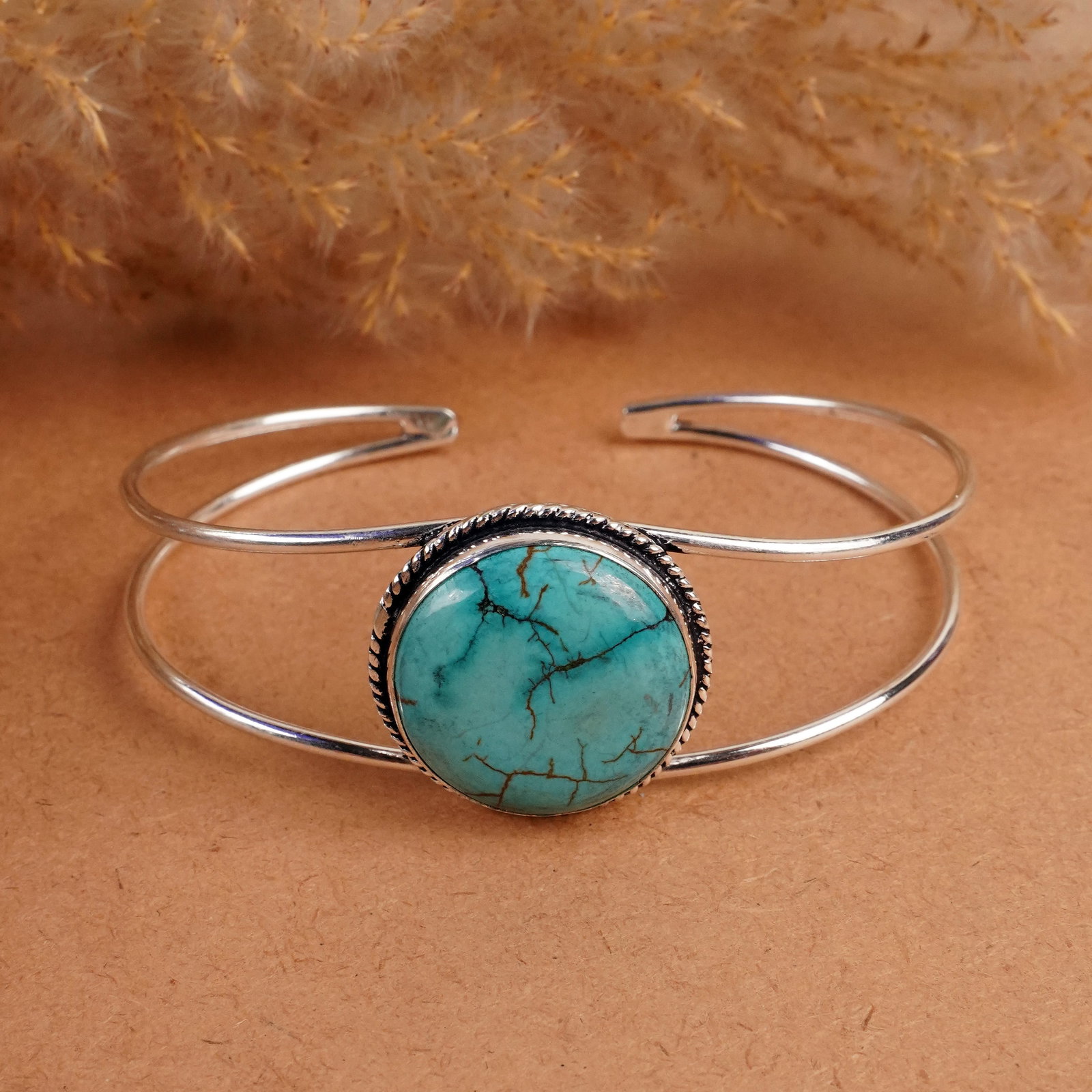 Natural Turquoise Sterling Silver Plated Handmade Cuff Bangle: Product ID: 260408141733 Product - Handmade Silver Plated Cuff Bangle Metal - 92.5 Sterling Silver Plated Bangle Size - 7.5x5 CM (Adjustable) Gemstone - Turquoise Gemstone Origin - Tibet Gemstone Size