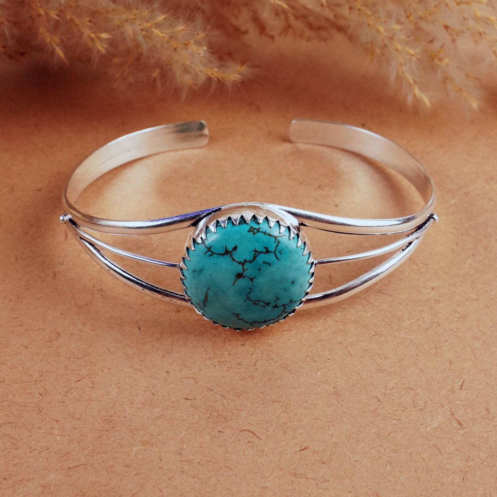 Natural Turquoise Sterling Silver Plated Handmade Cuff Bangle: Product ID: 260407183150 Product - Handmade Silver Plated Cuff Bangle Metal - 92.5 Sterling Silver Plated Bangle Size - 7x5.5 CM (Adjustable) Gemstone - Turquoise Gemstone Origin - Tibet Gemstone Size