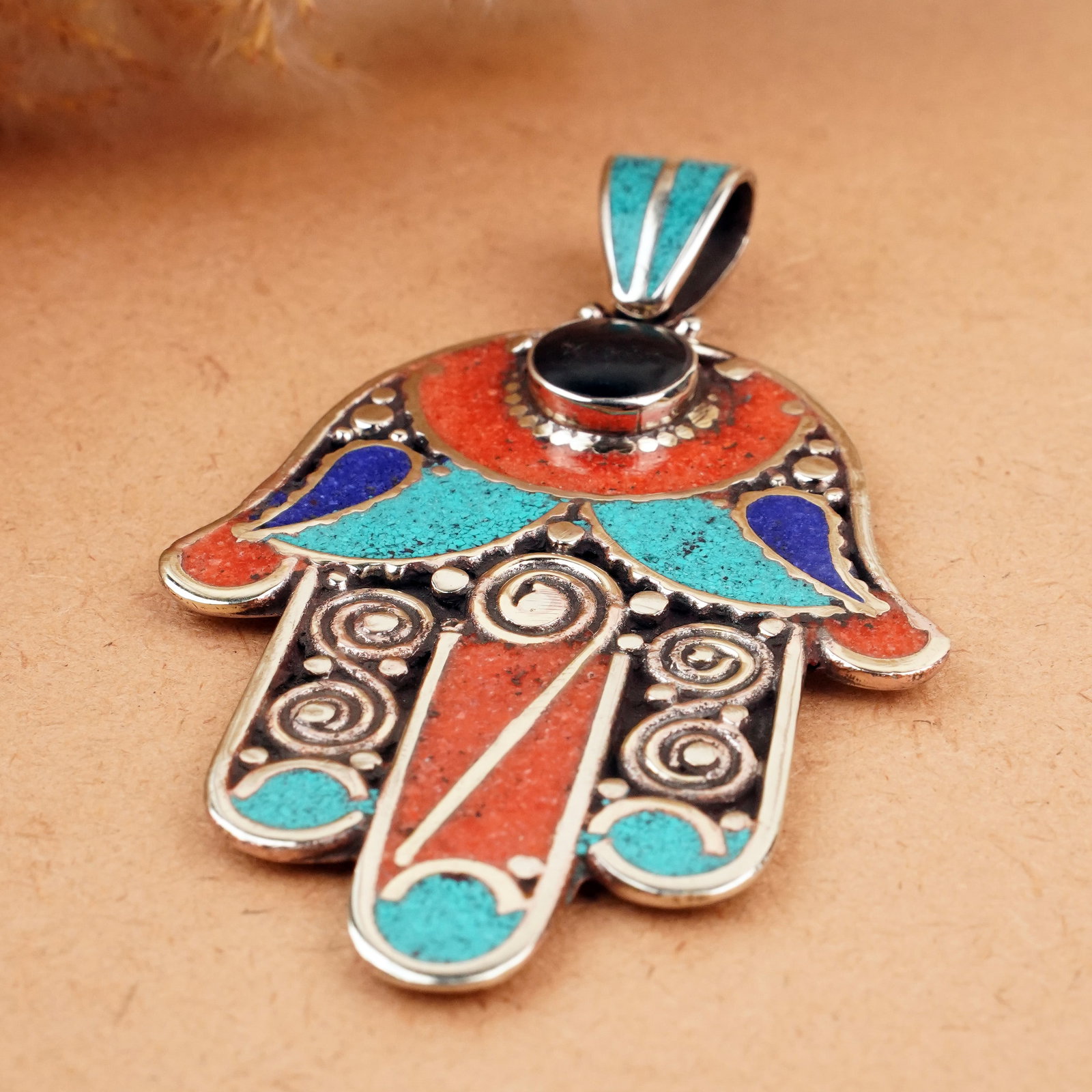 Tibetan Turquoise & Coral Handmade Fatima Hand Pendant: Product ID: 260407151243 Product - Tibetan Handmade Ethnic Pendant Gemstone - Natural Turquoise, Coral & Black Onyx Pendant Size - 6.5X5 CM Pendant Weight - 24 Gram Metal - Brass & Copper mix Metal Or