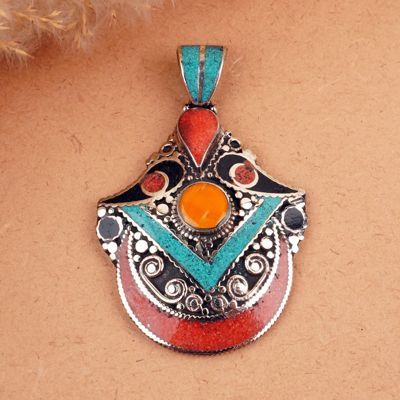 Tibetan Turquoise, Coral & Copal Handmade Boho Pendant: Product ID: 260407151401 Product - Tibetan Handmade Ethnic Pendant Gemstone - Natural Turquoise, Coral, Black Onyx & Copal Pendant Size - 6X4.5 CM Pendant Weight - 26 Gram Metal - Brass & Copper mix M