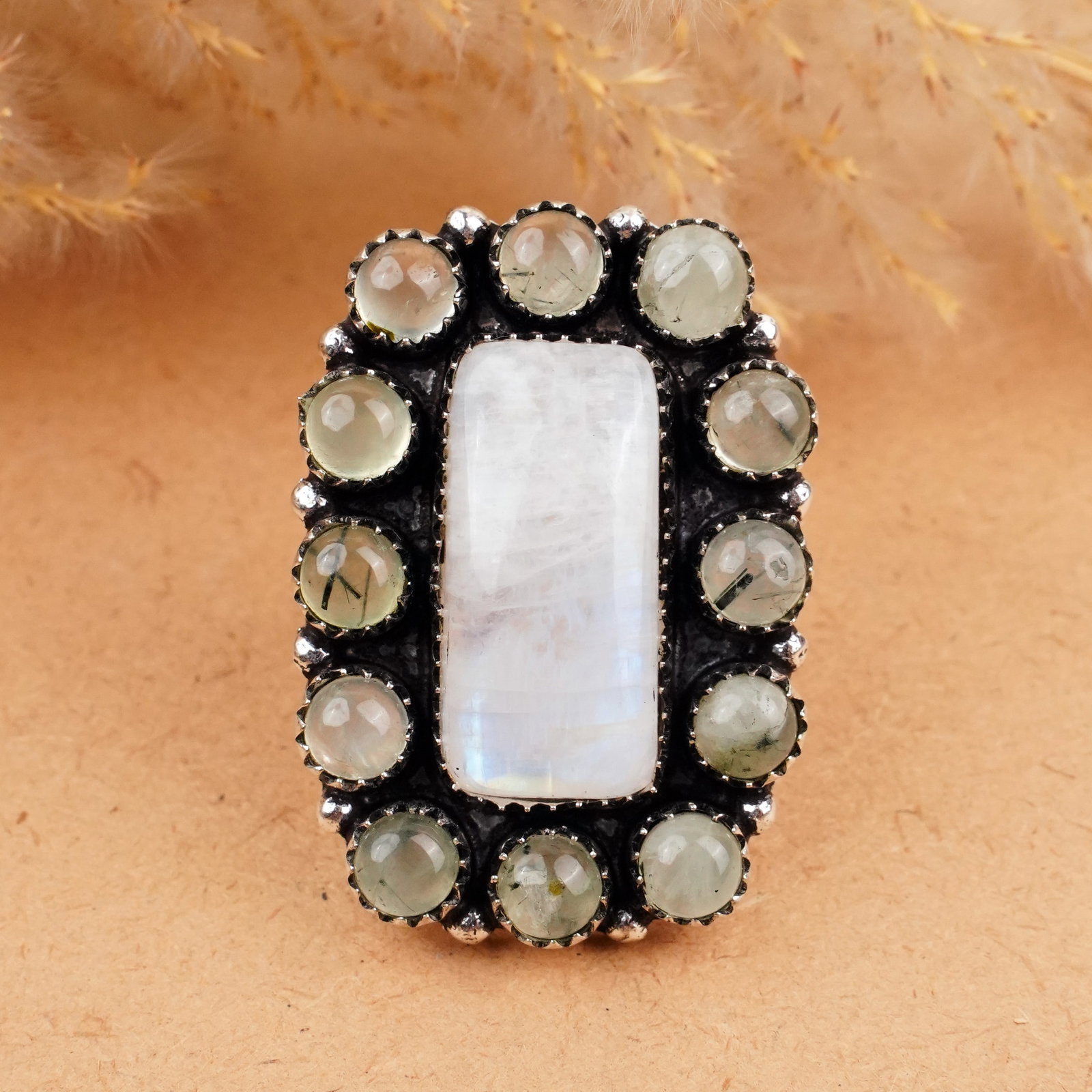 Rainbow Moonstone & Prehnite Silver Plated Handmade Ring - 7.5MM: Product ID: 260406180727 Product - Handmade Silver Plated Ring Metal - 92.5 Sterling Silver Plated Ring Size - 7.5MM Gemstone - Rainbow Moonstone & Prehnite Gemstone Origin - India / South Africa Gems