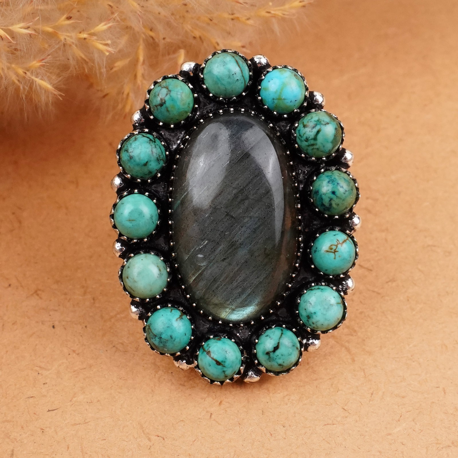 Natural Labradorite & Turquoise Silver Plated Handmade Ring - 8MM: Product ID: 260406180327 Product - Handmade Silver Plated Ring Metal - 92.5 Sterling Silver Plated Ring Size - 8MM Gemstone - Labradorite & Turquoise Gemstone Origin - Canada / Tibet Gemstone Shape - 