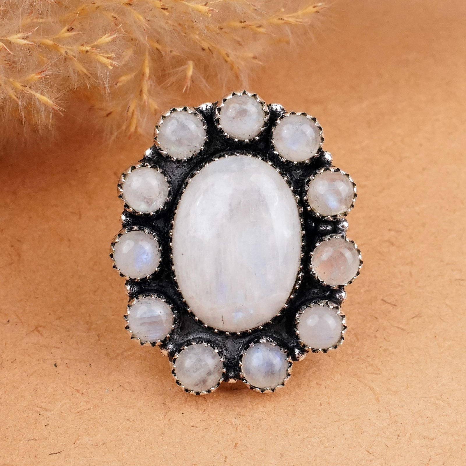 Natural Rainbow Moonstone Silver Plated Handmade Ring - 7MM: Product ID: 260406180202 Product - Handmade Silver Plated Ring Metal - 92.5 Sterling Silver Plated Ring Size - 7MM Gemstone - Rainbow Moonstone Gemstone Origin - India Gemstone Shape - Oval & 6MM Roun