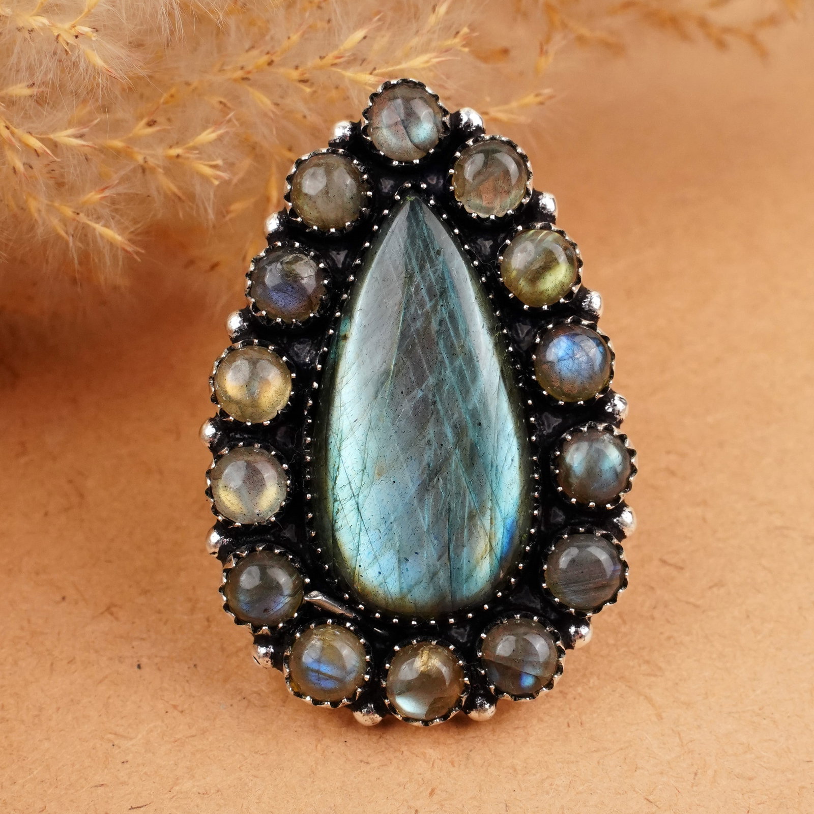 Natural Labradorite Sterling Silver Plated Handmade Ring - 8.5MM: Product ID: 260406180053 Product - Handmade Silver Plated Ring Metal - 92.5 Sterling Silver Plated Ring Size - 8.5MM Gemstone - Labradorite Gemstone Origin - Canada Gemstone Shape - Pear & 6MM Round R