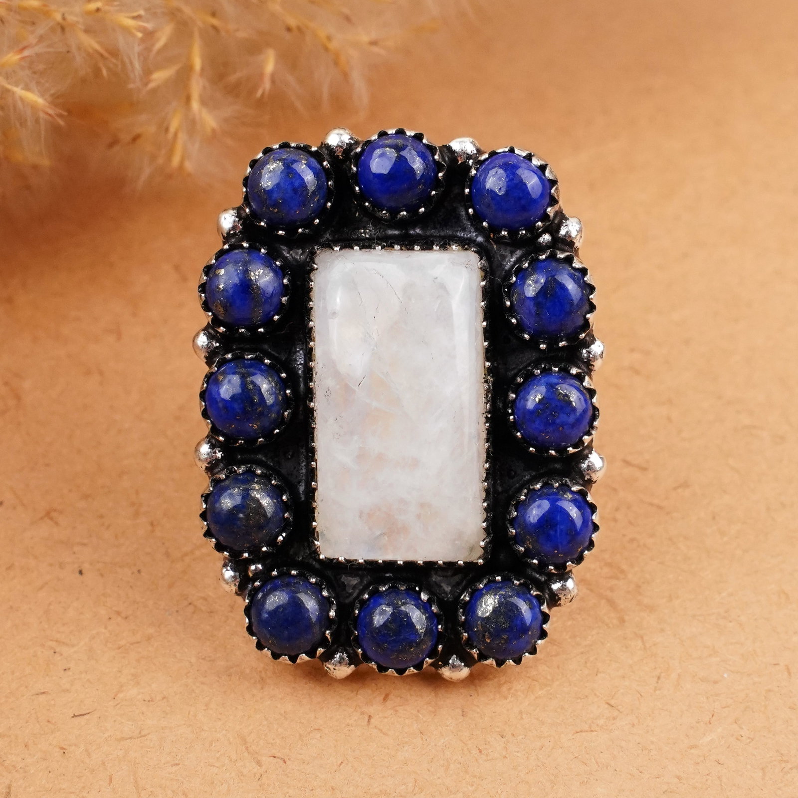 Natural Rainbow Moonstone & Lapis Silver Plated Handmade Ring - 9MM: Product ID: 260406175535 Product - Handmade Silver Plated Ring Metal - 92.5 Sterling Silver Plated Ring Size - 9MM Gemstone - Rainbow Moonstone & Lapis Gemstone Origin - India / Afghanistan Gemstone S