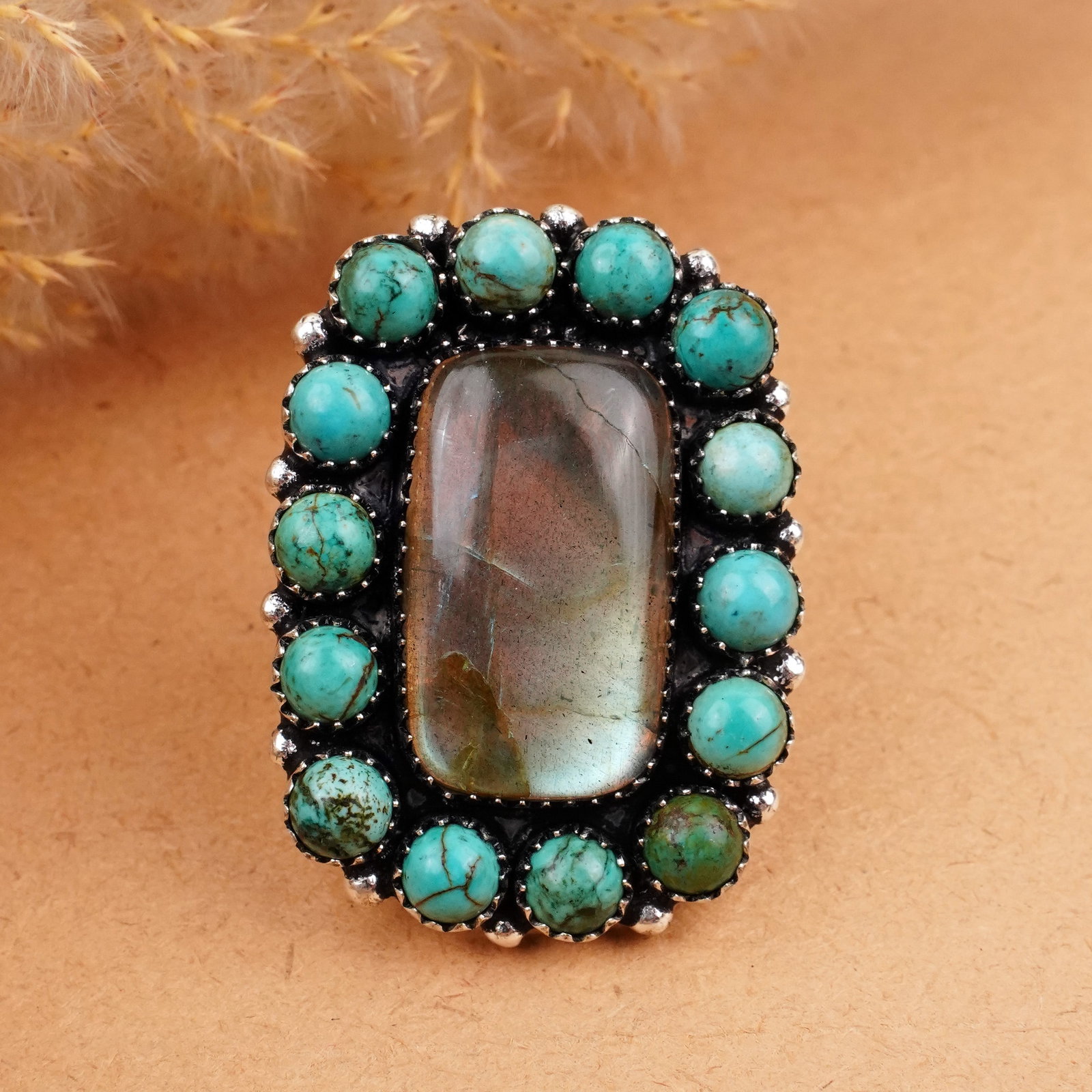 Natural Labradorite & Turquoise Silver Plated Handmade Ring - 8.5MM: Product ID: 260406175308 Product - Handmade Silver Plated Ring Metal - 92.5 Sterling Silver Plated Ring Size - 8.5MM Gemstone - Labradorite & Turquoise Gemstone Origin - Canada / Tibet Gemstone Shape 