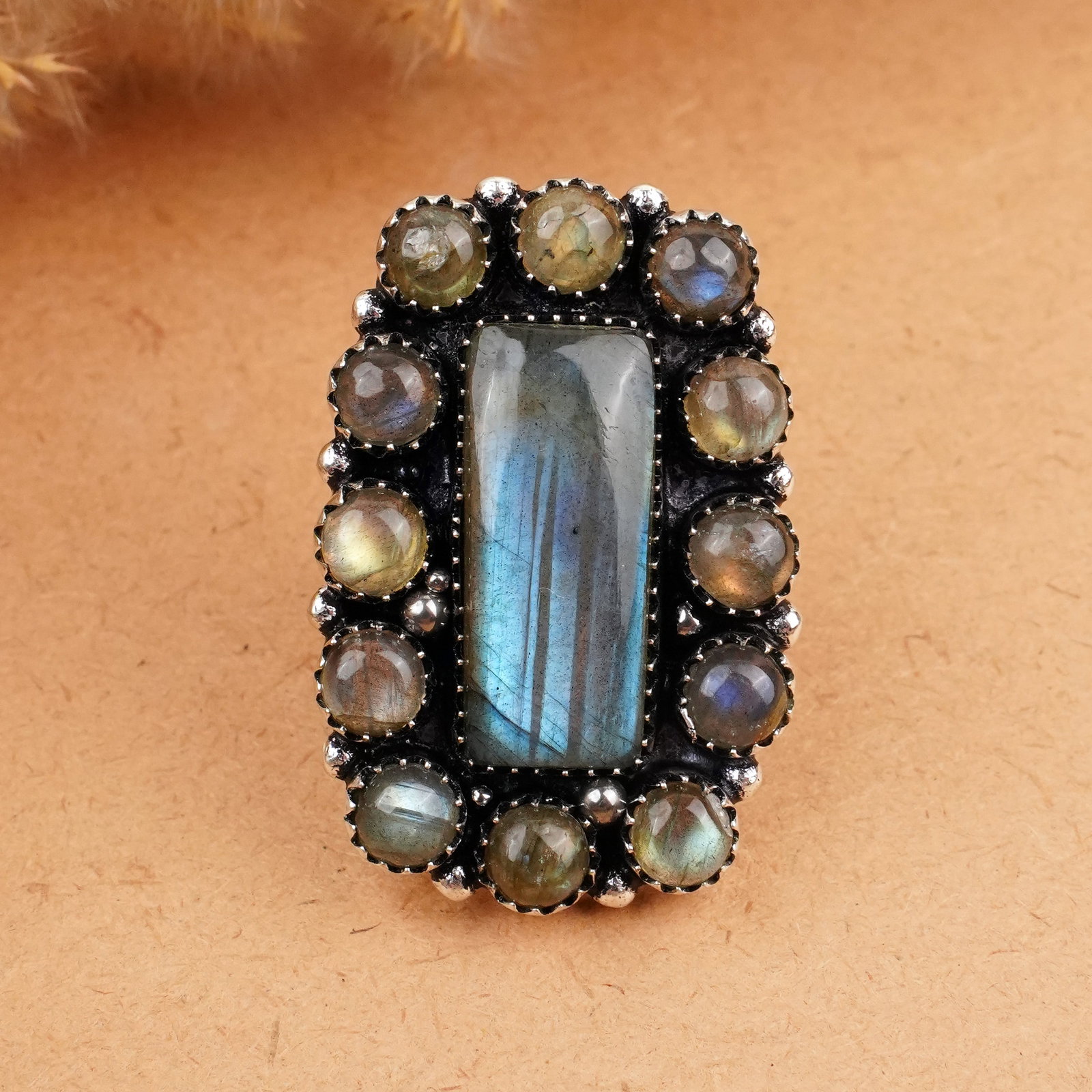 Natural Labradorite Sterling Silver Plated Handmade Ring - 7MM: Product ID: 260406174841 Product - Handmade Silver Plated Ring Metal - 92.5 Sterling Silver Plated Ring Size - 7MM Gemstone - Labradorite Gemstone Origin - Canada Gemstone Shape - Square & 6MM Round R