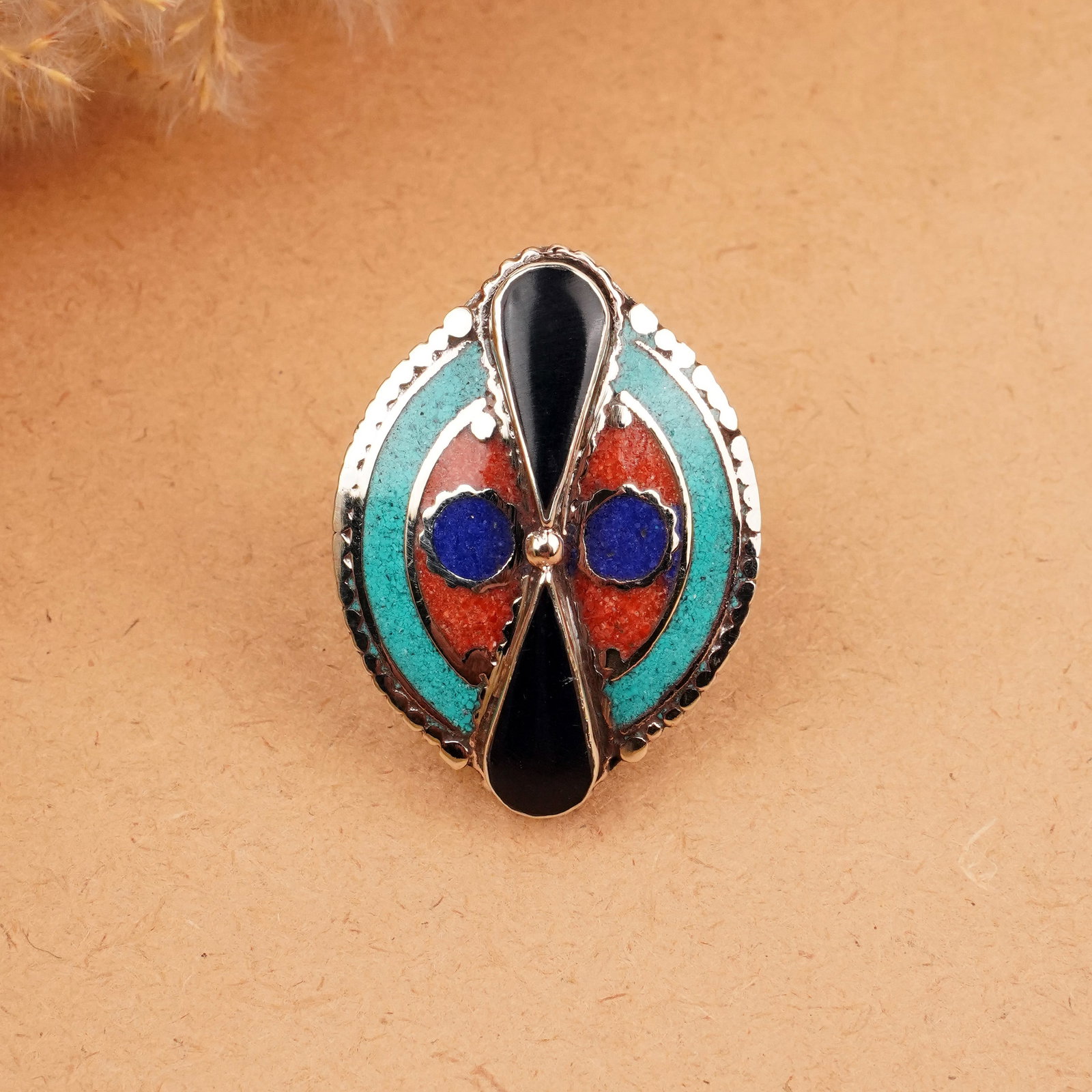 Tibetan Turquoise & Black Onyx Handmade Ethnic Ring - Free Size: Product ID: 260406164804 Product - Tibetan Handmade Ethnic Ring Ring Size - Free Size Ring Weight - 19 Gram Gemstone - Natural Turquoise & Black Onyx Metal - Brass & Copper mix Metal Origin - Nepal Co