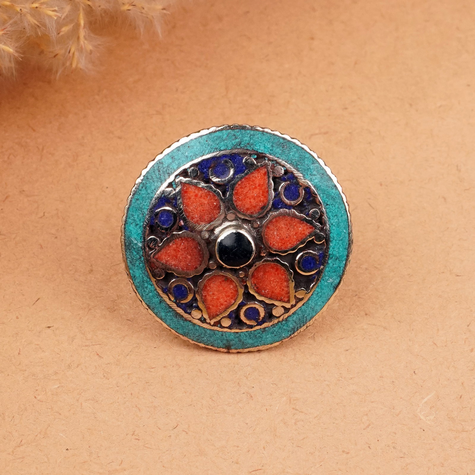 Tibetan Turquoise & Coral Handmade Choker Ring - Free Size: Product ID: 260406165059 Product - Tibetan Handmade Boho Ring Ring Size - Free Size Ring Weight - 19 Gram Gemstone - Natural Turquoise, Coral & Lapis Metal - Brass & Copper mix Metal Origin - Nepal Co