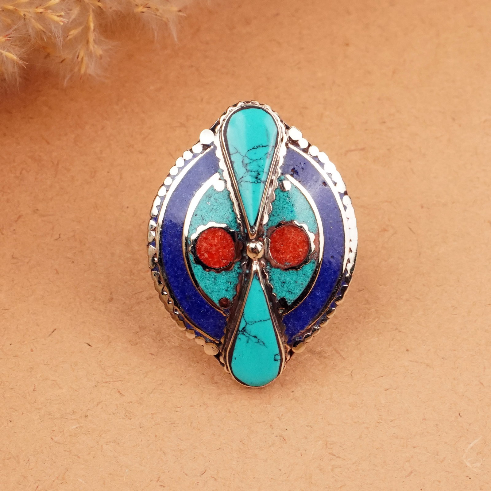 Tibetan Turquoise & Lapis Handmade Boho Ring - Free Size: Product ID: 260406165226 Product - Tibetan Handmade Ethnic Ring Ring Size - Free Size Ring Weight - 20 Gram Gemstone - Natural Turquoise, Coral & Lapis Metal - Brass & Copper mix Metal Origin - Nepal 