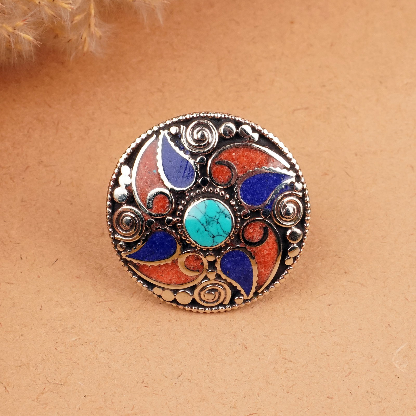 Tibetan Turquoise, Coral & Lapis Handmade Boho Ring - Free Size: Product ID: 260406164646 Product - Tibetan Handmade Ethnic Ring Ring Size - Free Size Ring Weight - 20 Gram Gemstone - Natural Turquoise, Coral & Lapis Metal - Brass & Copper mix Metal Origin - Nepal 