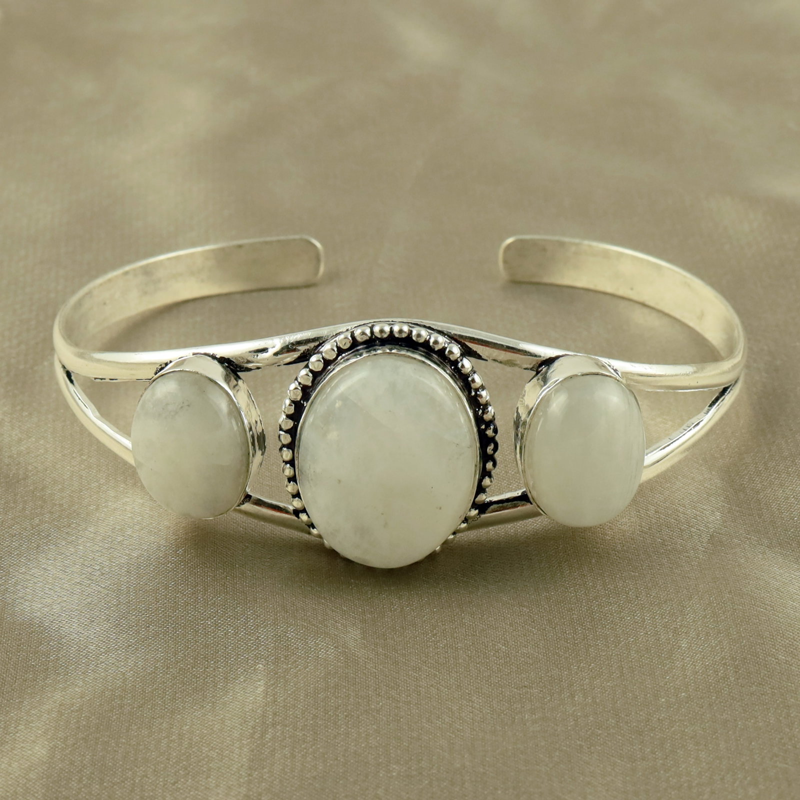 Natural Rainbow Moonstone Sterling Silver Plated Handmade Cuff Bangle (1 of 4)
