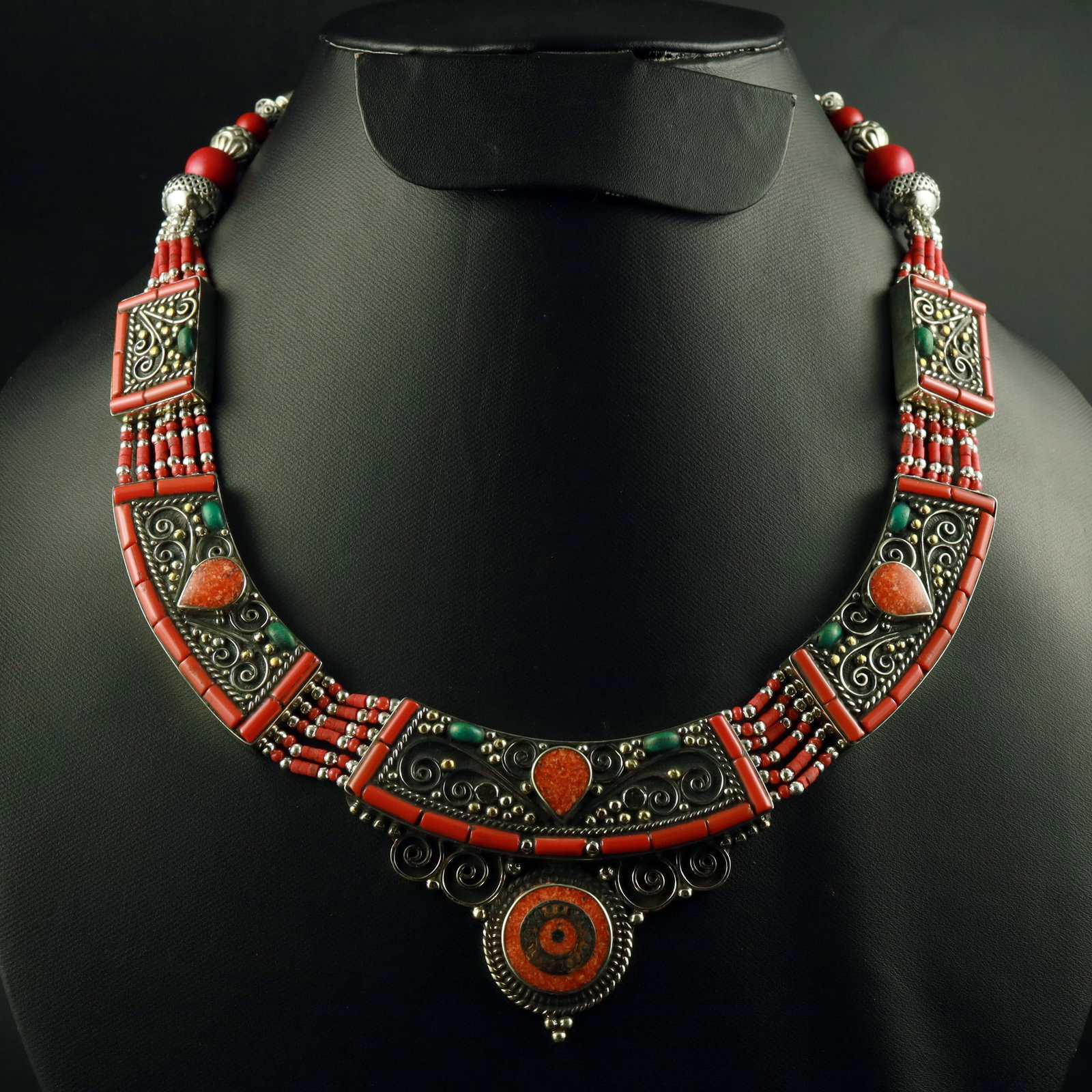 Tibetan Red Coral Handmade Designer Boho Necklace: Product ID: 260518173823 Product - Tibetan Handmade Necklace Gemstone - Natural Red Coral Necklace Length - 18 Inch Necklace Weight - 135 Gram Approx Metal - Brass & Copper mix Metal Origin - Nepal Co