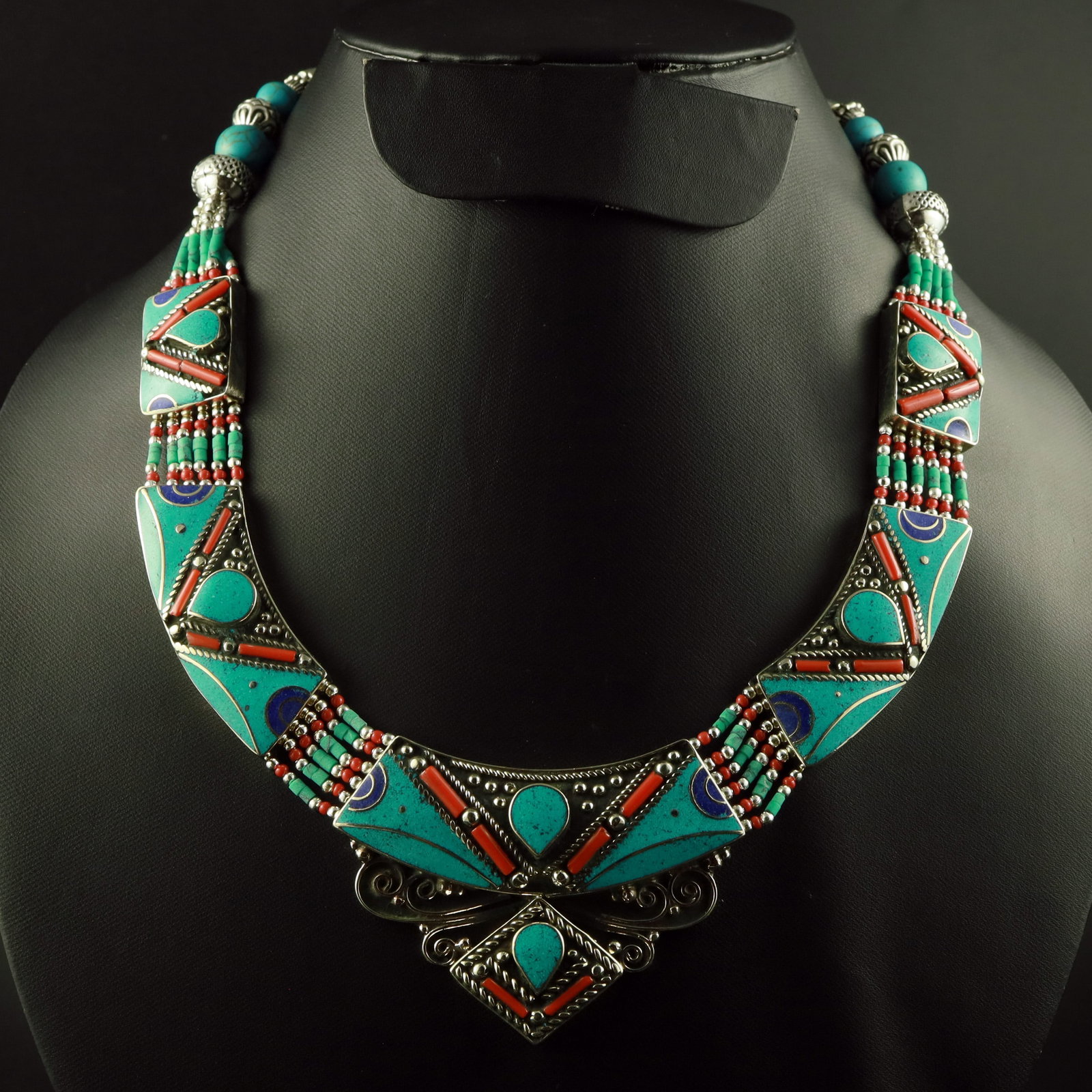 Tibetan Turquoise, Coral & Lapis Lazuli Handmade Boho Necklace: Product ID: 260518172732 Product - Tibetan Handmade Ethnic Necklace Gemstone - Natural Turquoise & Coral & Lapis Lazuli Necklace Length - 18 Inch Necklace Weight - 115 Gram Approx Metal - Brass & Copp