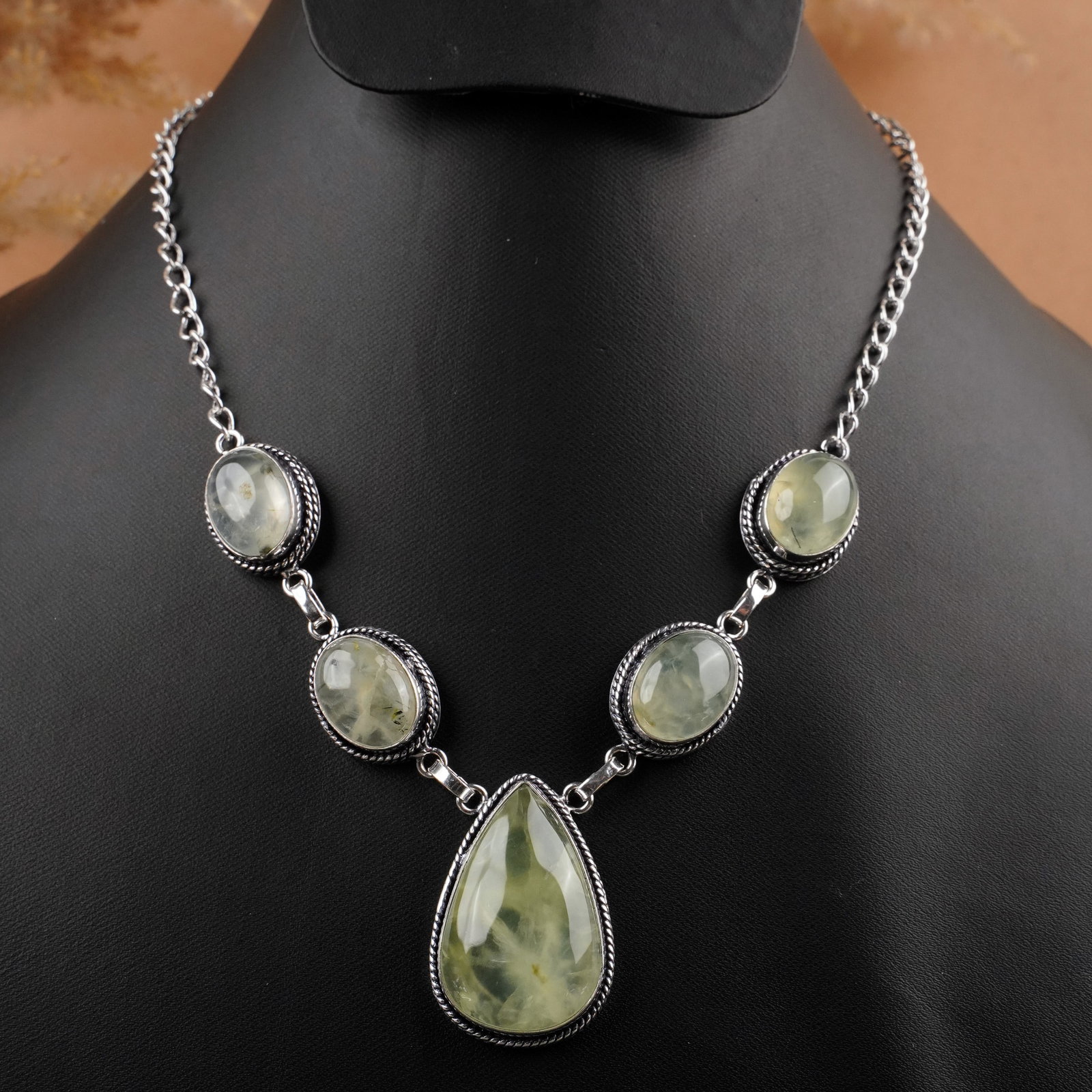 Natural Prehnite Sterling Silver Plated Handmade Necklace: Product ID: 260409131551 Product - Handmade Silver Plated Necklace Metal - 92.5 Sterling Silver Plated Necklace Length - 18 Inch Gemstone - Prehnite Gemstone Size - 12X16 MM ( 4 Stone) 24x18 MM ( 1 St