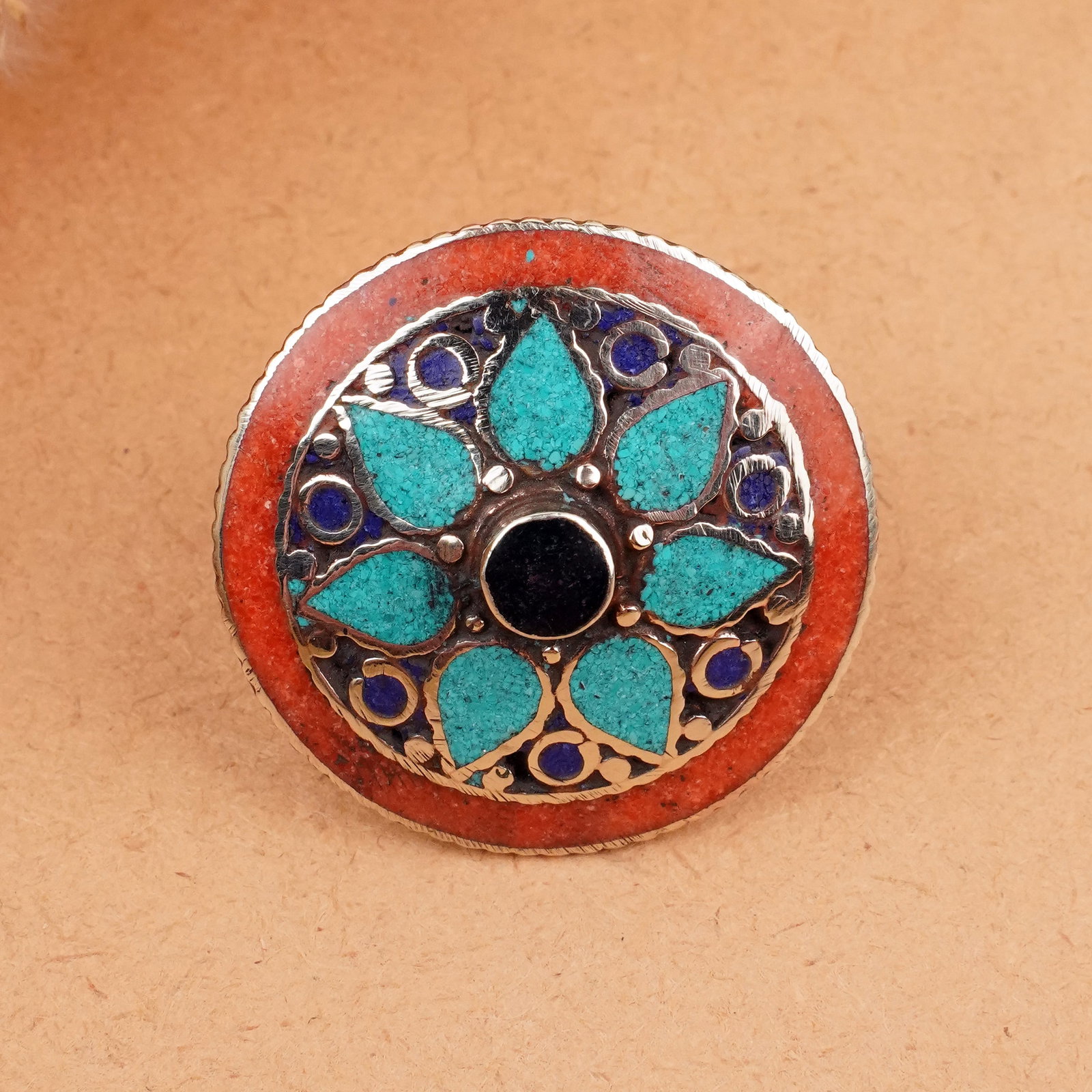 Tibetan Turquoise, Black Onyx & Coral Handmade Ring - Free Size: Product ID: 260406161811 Product - Tibetan Handmade Ethnic Ring Ring Size - Free Size Ring Weight - 19 Gram Gemstone - Turquoise & Black Onyx & Coral & Lapis Metal - Brass & Copper mix Metal Origin - 