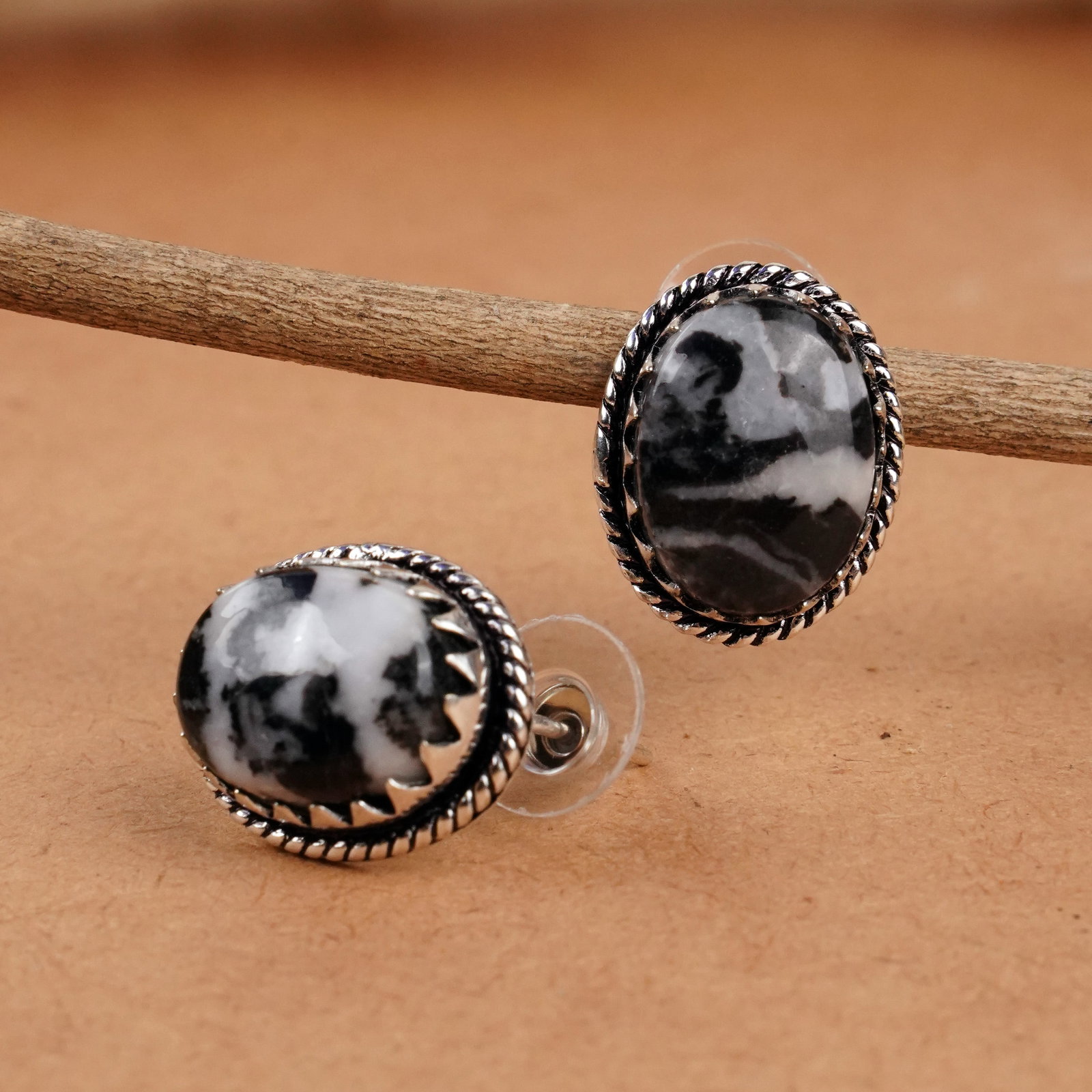 Natural Zebra Jasper Sterling Silver Plated Handmade Stud Earring: Product ID: 260406142437 Product - Handmade Silver Plated Stud Earring Metal - 92.5 Sterling Silver Plated Earring Type - Stud Gemstone - Zebra Jasper Gemstone Origin - Africa Gemstone Size - 12X16 MM