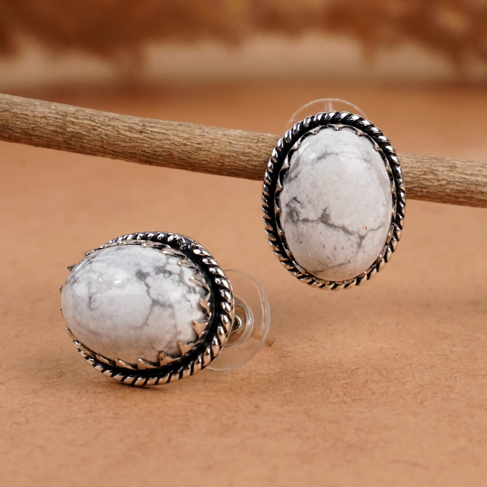 Natural Howlite Sterling Silver Plated Handmade Stud Earring: Product ID: 260406141418 Product - Handmade Silver Plated Stud Earring Metal - 92.5 Sterling Silver Plated Earring Type - Stud Gemstone - Howlite Gemstone Origin - Canada Gemstone Size - 12X16 MM ( 2 
