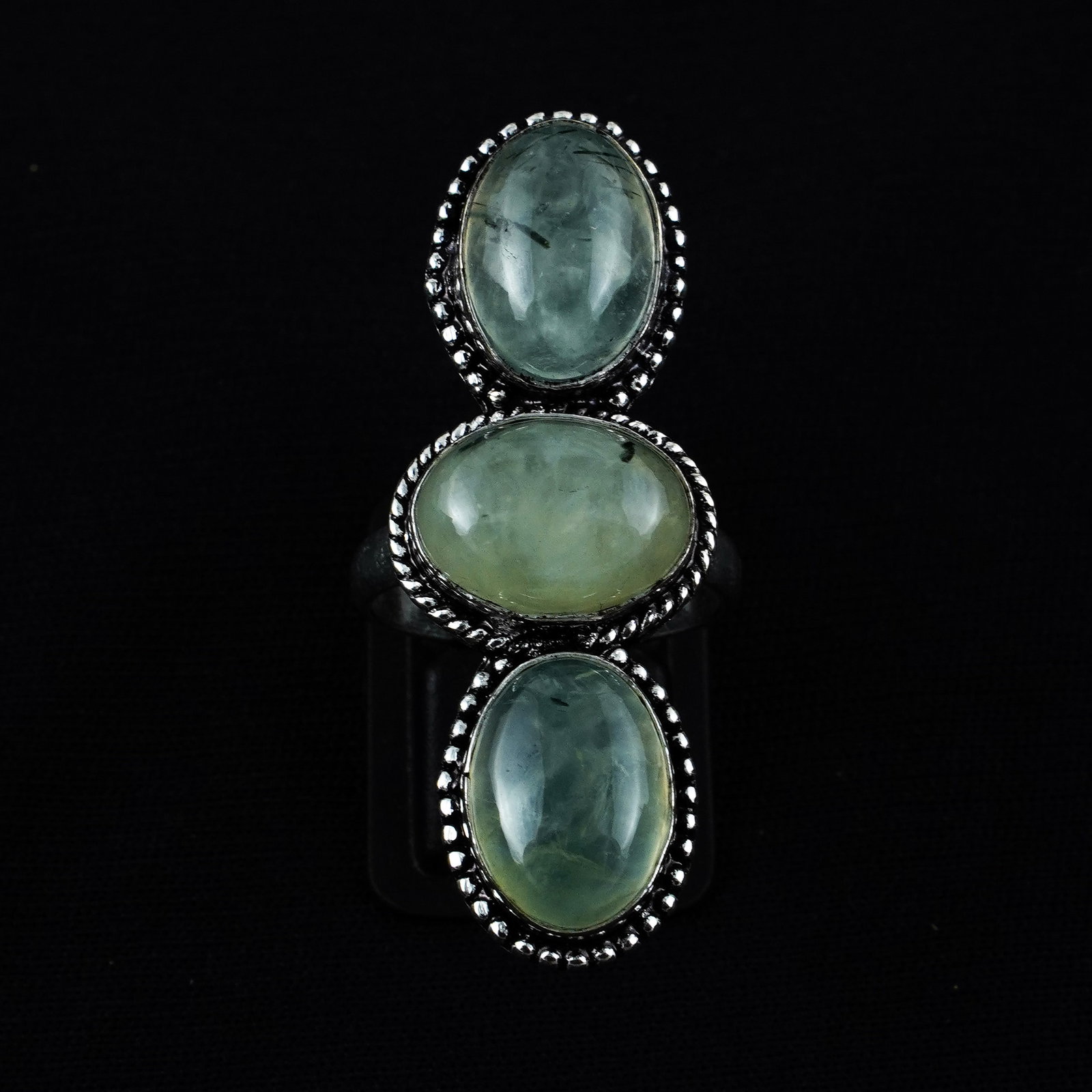 Natural Prehnite Sterling Silver Plated Handmade Ring - 8.5MM: Product ID: 260404174543 Product - Handmade Silver Plated Ring Metal - 92.5 Sterling Silver Plated Ring Size - 8.5MM Gemstone - Prehnite Gemstone Origin - South Africa Gemstone Size - 10X14 MM ( 3 Sto