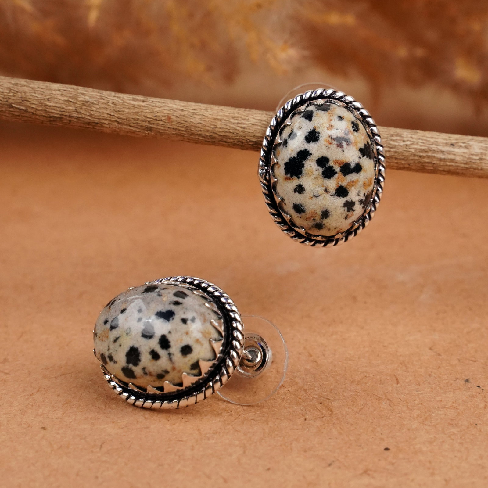 Natural Dalmatian Jasper Sterling Silver Plated Handmade Stud Earring (1 of 3)
