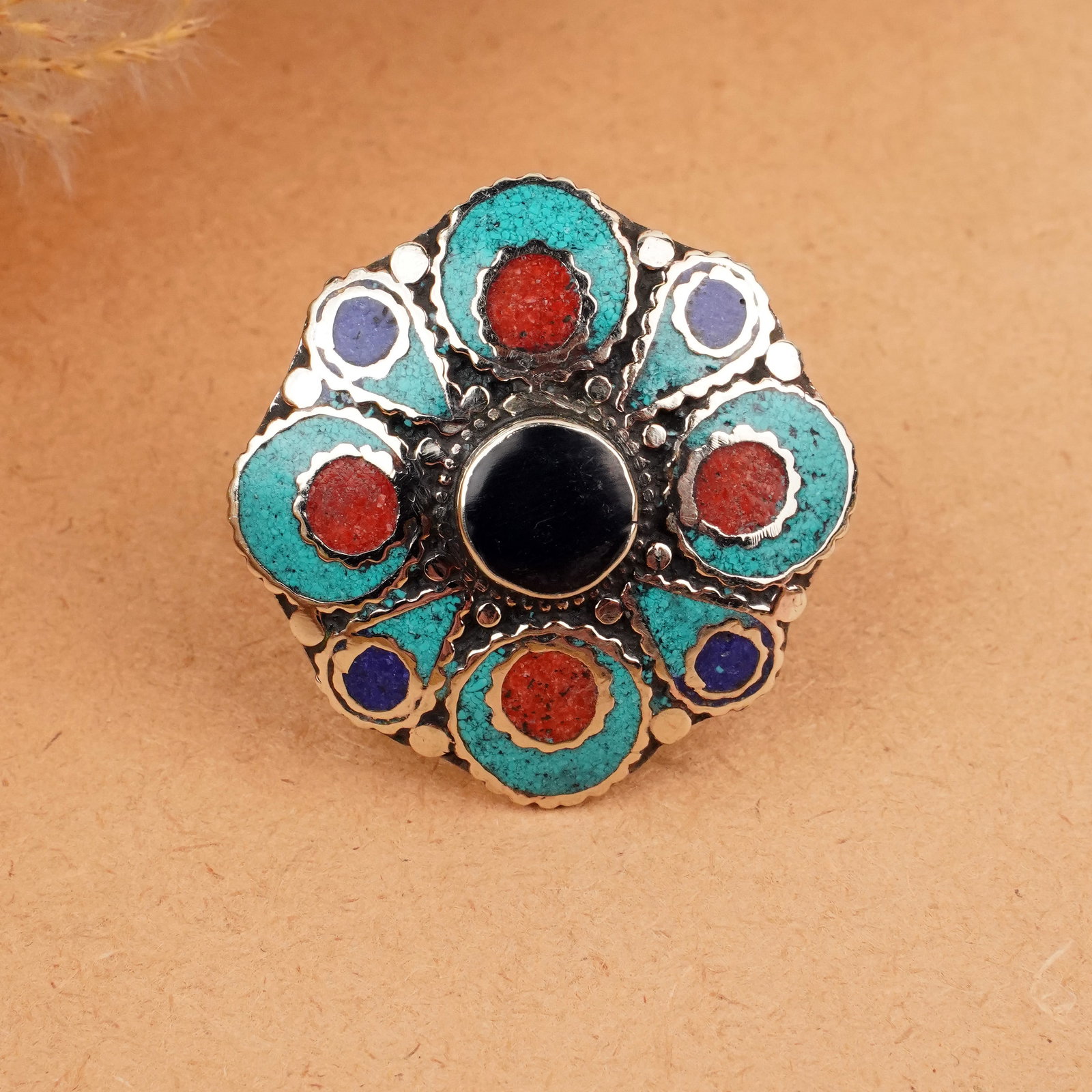 Tibetan Turquoise & Black Onyx Handmade Ring - Free Size: Product ID: 260406154806 Product - Tibetan Handmade Ethnic Ring Ring Size - Free Size Ring Weight - 21 Gram Gemstone - Natural Turquoise & Coral & Black Onyx & Lapis Metal - Brass & Copper mix Metal O