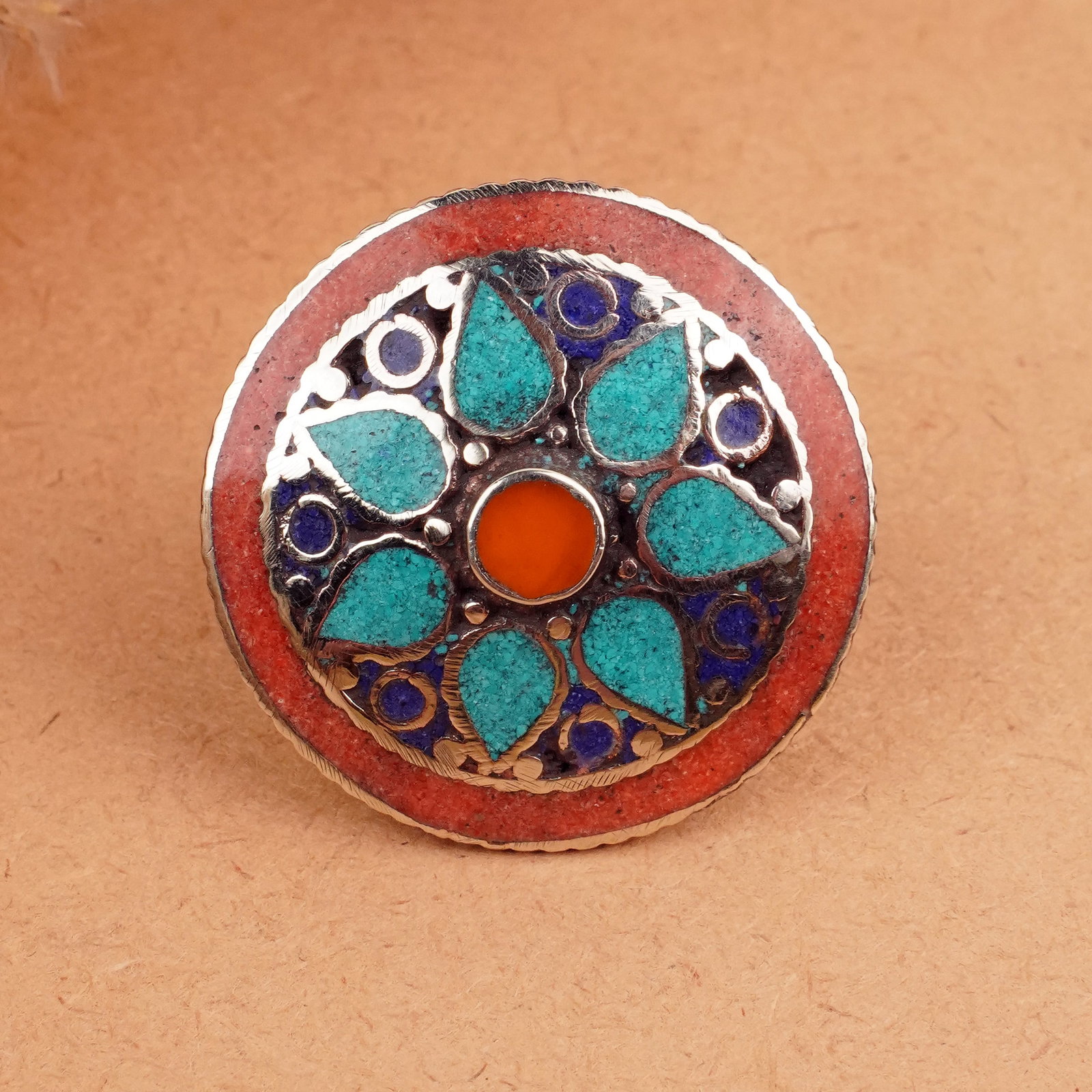 Tibetan Turquoise & Coral Handmade Boho Ring - Free Size: Product ID: 260406154426 Product - Tibetan Handmade Ethnic Ring Ring Size - Free Size Ring Weight - 18 Gram Gemstone - Natural Turquoise & Coral & Copal & Lapis Metal - Brass & Copper mix Metal Origin