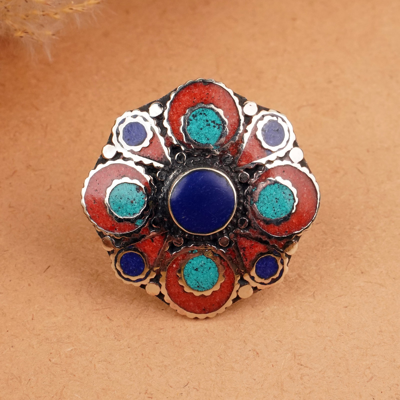 Tibetan Natural Red Coral & Lapis Handmade Ring - Free Size: Product ID: 260406154222 Product - Tibetan Handmade Ring Ring Size - Free Size Ring Weight - 20 Gram Gemstone - Natural Turquoise, Coral & Lapis Metal - Brass & Copper mix Metal Origin - Nepal Country