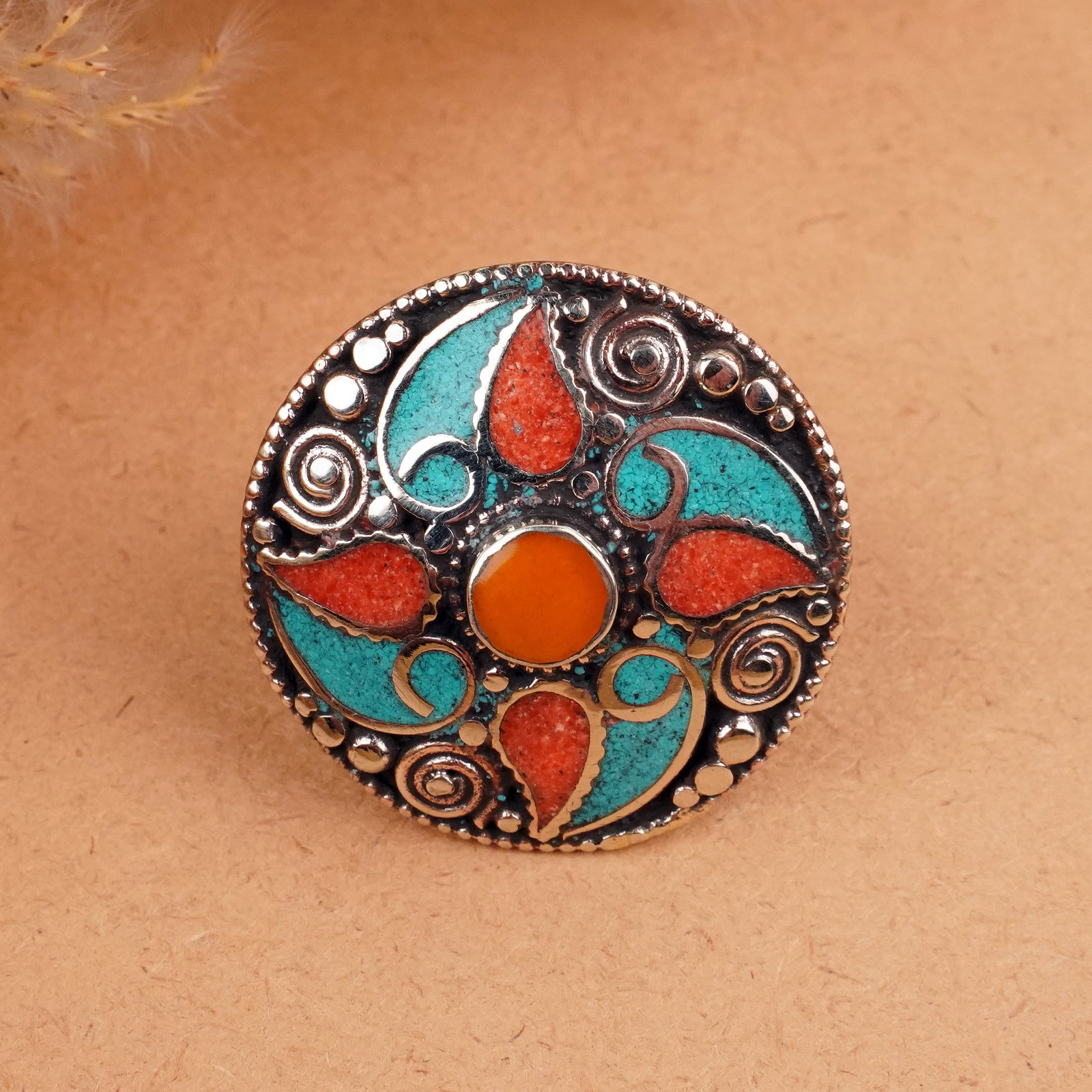 Tibetan Turquoise, Coral & Copal Handmade Ring - Free Size: Product ID: 260406153205 Product - Tibetan Ethnic Handmade Ring Ring Size - Free Size Ring Weight - 20 Gram Gemstone - Natural Turquoise, Coral & Copal Metal - Brass & Copper mix Metal Origin - Nepal 