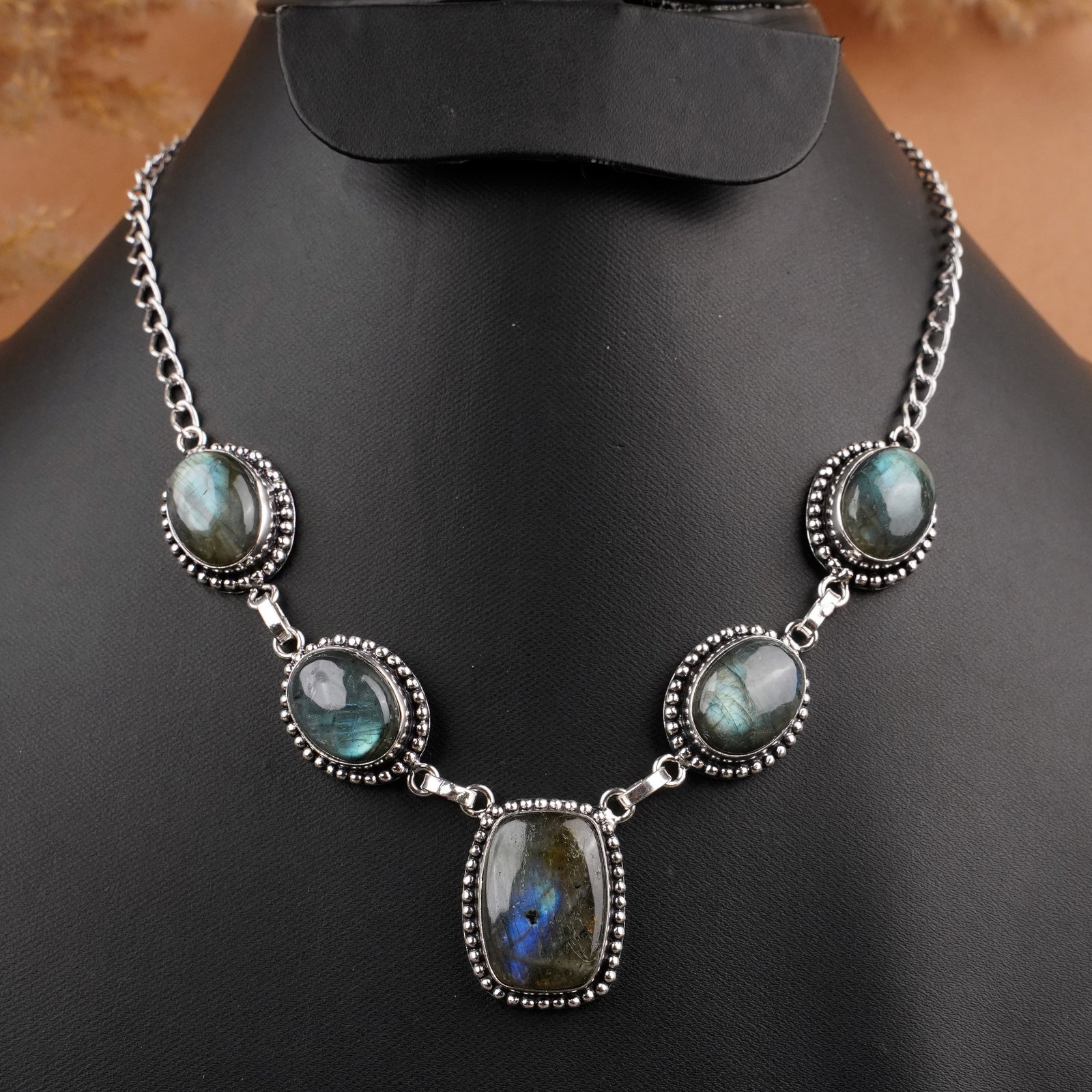 Natural Labradorite Sterling Silver Plated Handmade Necklace: Product ID: 260409105244 Product - Handmade Silver Plated Necklace Metal - 92.5 Sterling Silver Plated Necklace Length - 18 Inch Gemstone - Labradorite Gemstone Size - 12X16 MM (4 Stone), 22X18 MM (1 