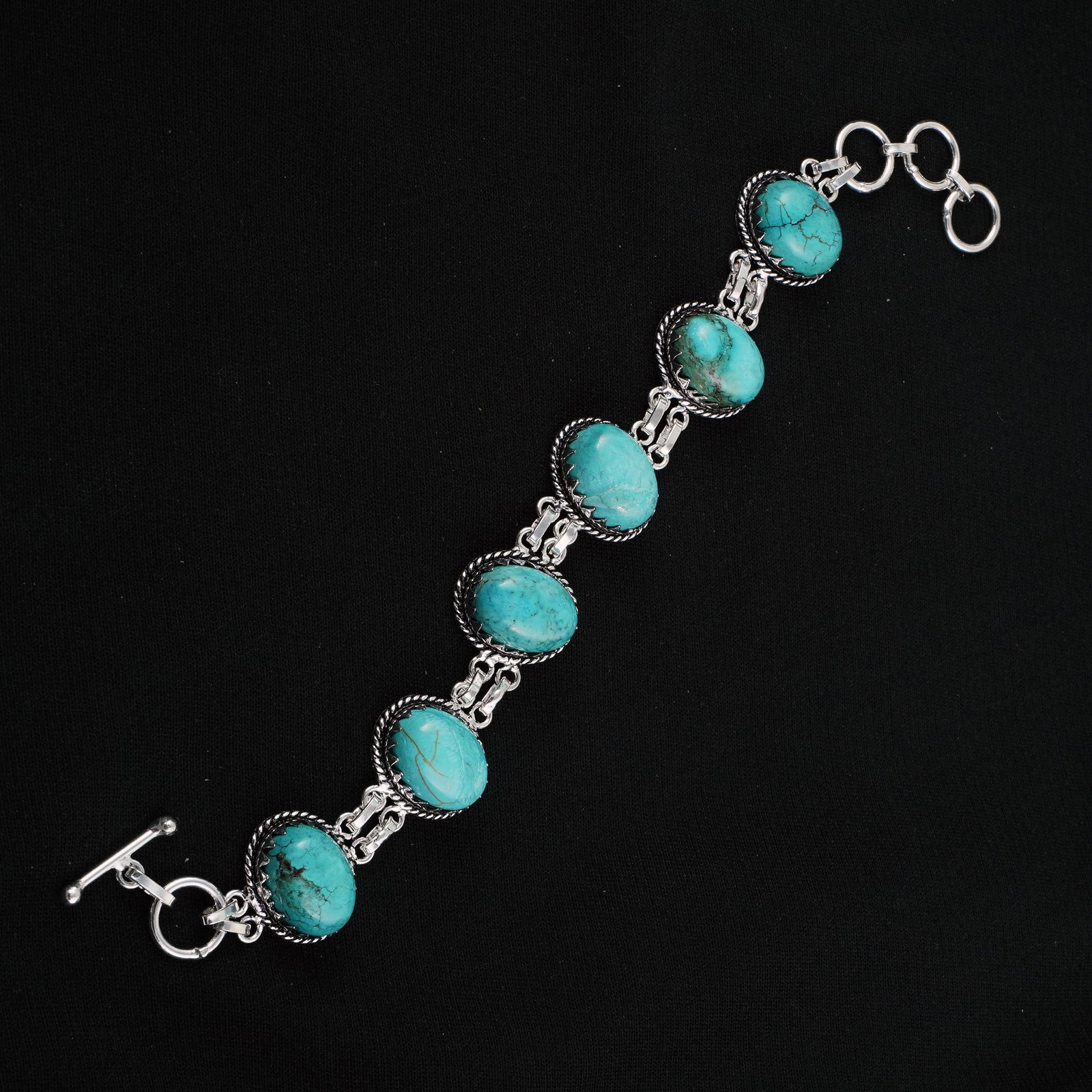 Natural Turquoise Sterling Silver Plated Handmade Bracelet: Product ID: 260403163456 Product - Handmade Silver Plated Bracelet Metal - 92.5 Sterling Silver Plated Bracelet Length - 6 Inch + 2 Inch Gemstone - Turquoise Gemstone Size -12X16 ( 6 Stone) Gemstone O