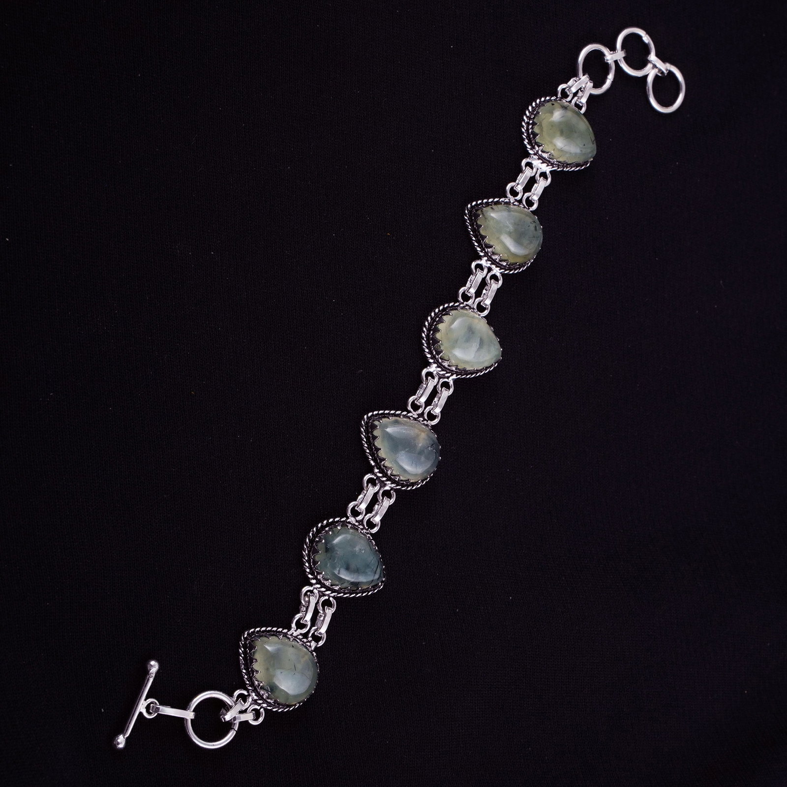 Natural Prehnite Sterling Silver Plated Handmade Bracelet: Product ID: 260403162559 Product - Handmade Silver Plated Bracelet Metal - 92.5 Sterling Silver Plated Bracelet Length - 6 Inch + 2 Inch Gemstone - Prehnite Gemstone Size -12X16 ( 6 Stone) Gemstone Or