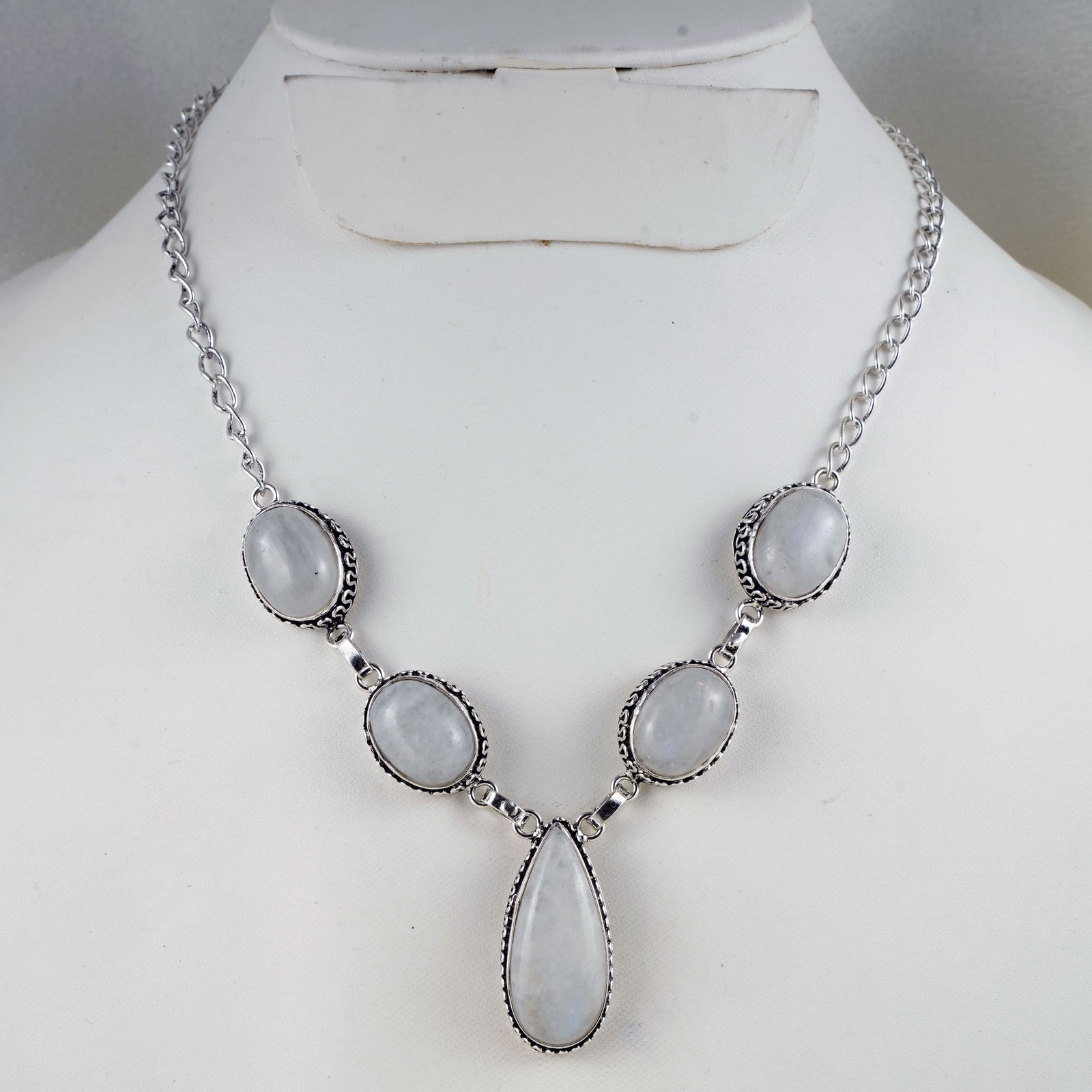Natural Rainbow Moonstone Sterling Silver Plated Handmade Necklace: Product ID: 260403123234 Product - Handmade Silver Plated Necklace Metal - 92.5 Sterling Silver Plated Necklace Length - 18 Inch Gemstone - Rainbow Moonstone Gemstone Size - 12X16 MM ( 4 Stone) 16X20 