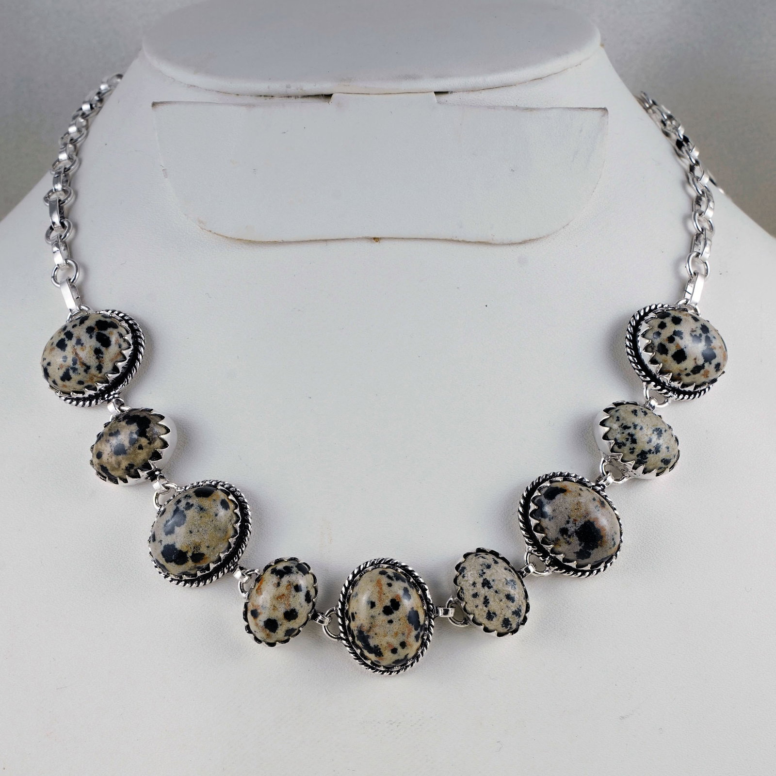 Natural Dalmatian Jasper Sterling Silver Plated Handmade Necklace: Product ID: 260403122824 Product - Handmade Silver Plated Necklace Metal - 92.5 Sterling Silver Plated Necklace Length - 18 Inch Gemstone - Dalmatian Jasper Gemstone Size - 12X16 MM (5 Stone), 10X14 M