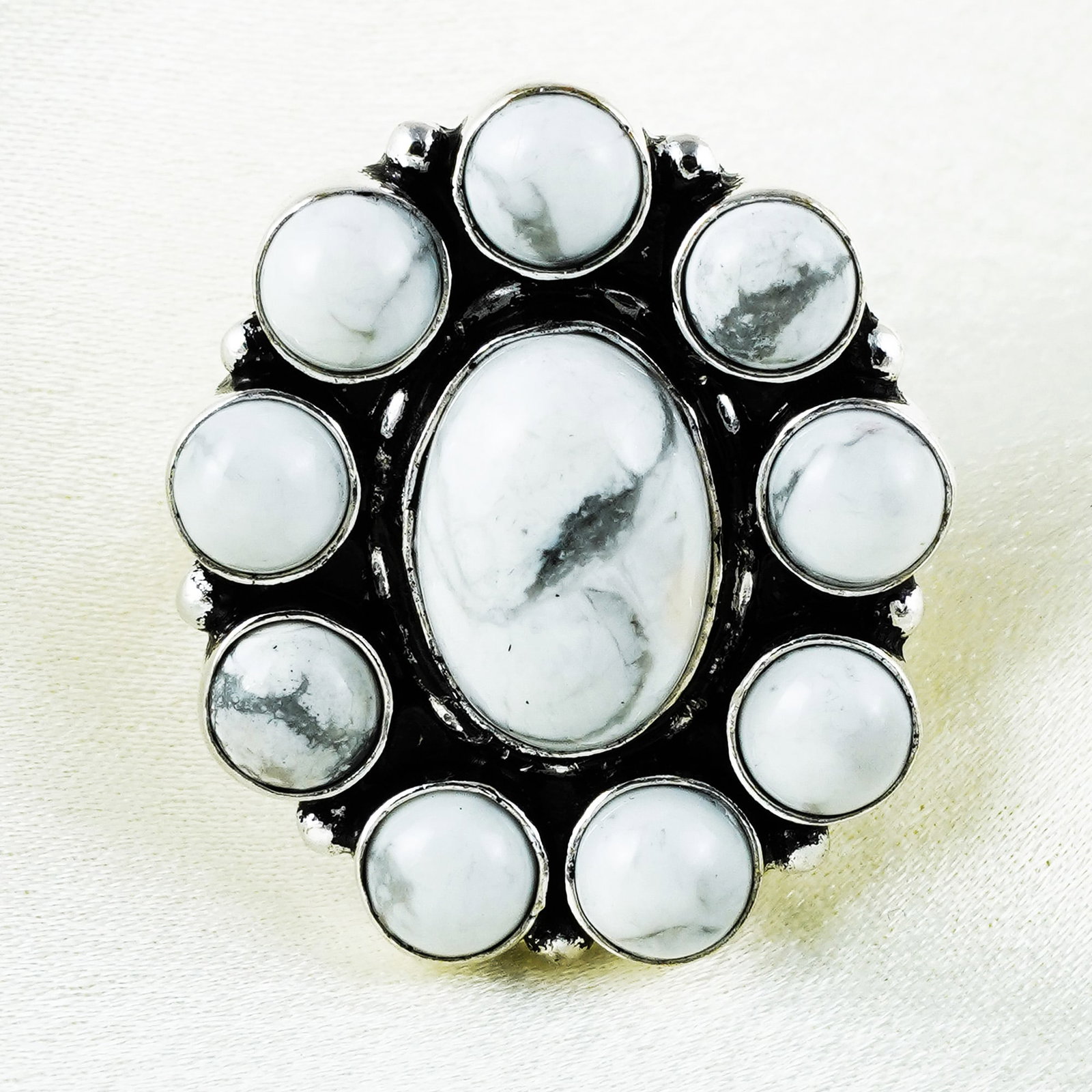 Natural Howlite Sterling Silver Plated Handmade Ring - 9MM: Product ID: 260402175335 Product - Handmade Silver Plated Ring Metal - 92.5 Sterling Silver Plated Ring Size - 9MM Gemstone - Howlite Gemstone Origin - Canada Gemstone Size - 10X14 MM ( 1 Stone ) / 3X