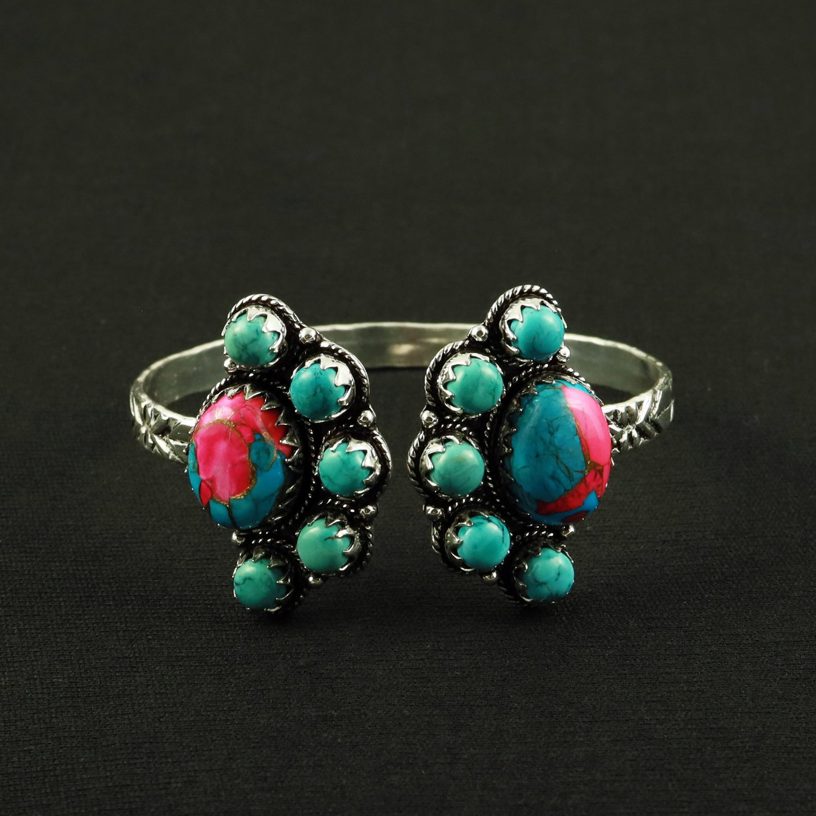 Natural Turquoise & Cotton Candy Silver Plated Handmade Cuff Bangle: Product ID: 260620152151 Product - Handmade Silver Plated Cuff Bangle Metal - 92.5 Sterling Silver Plated Bangle Size - 6.5x5.5 CM (Adjustable) Gemstone - Turquoise & Cotton Candy Gemstone Origin - Ti