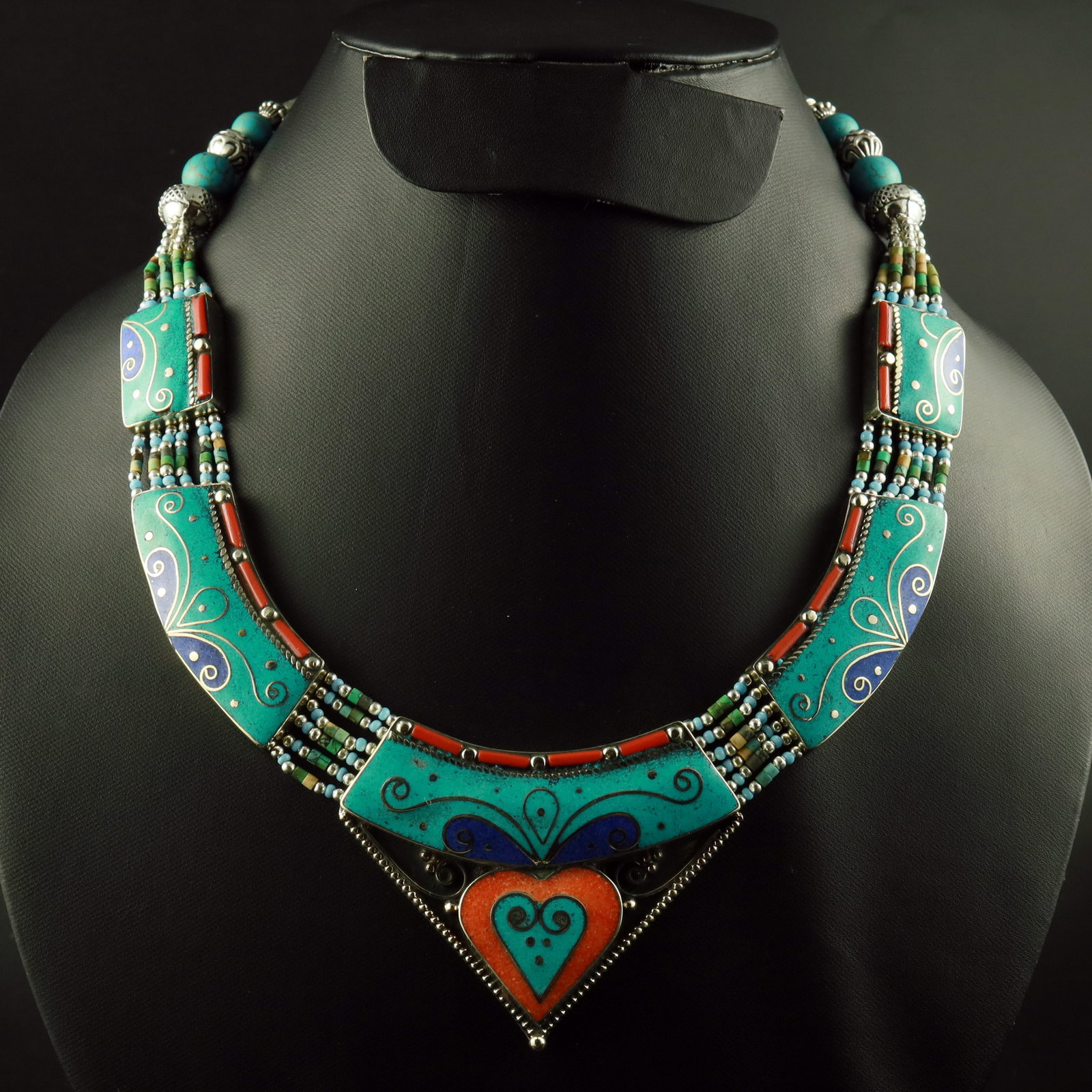 Tibetan Turquoise & Coral Handmade Ethnic Necklace: Product ID: 260518172529 Product - Tibetan Handmade Necklace Gemstone - Natural Turquoise & Coral & Lapis Lazuli Necklace Length - 18 Inch Necklace Weight - 115 Gram Approx Metal - Brass & Copper mix 