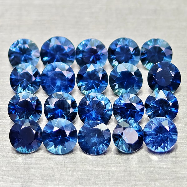 Natural Blue Sapphire Gemstones 1.38 Ct. 20 Pcs. Round Diamond Cut 2.5 Mm.: Product ID: 806012155 Product Name: Natural Blue Sapphire Weight: 1.35 CT. Size: 2.5 x 2.5 x 1.7 MM. Shape: Round Diamond Cut Color: Blue Clarity:VSI Luster: Good Gems Origin: Madagascar Treatment: He