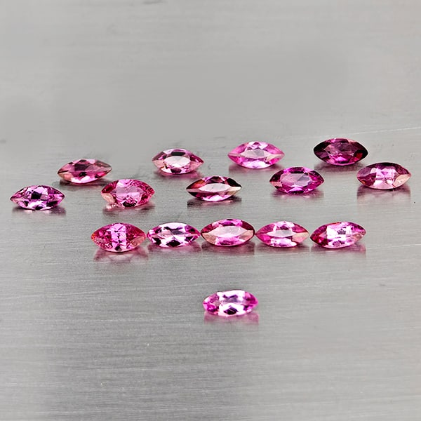 Natural Pink Tourmaline Gemstones 1.72 Ct. 15 Pcs. Marquise Shape 5.3 x 2.6 Mm.: Product ID: 807251670 Product Name: Natural Tourmaline Weight: 1.72 CT. Size: 5.3 x 2.6 x 2 MM. Shape: Marquise Shape Color: Fancy Color Clarity:SI1 Luster: Good Gems Origin: Nigeria Treatment: Unheat
