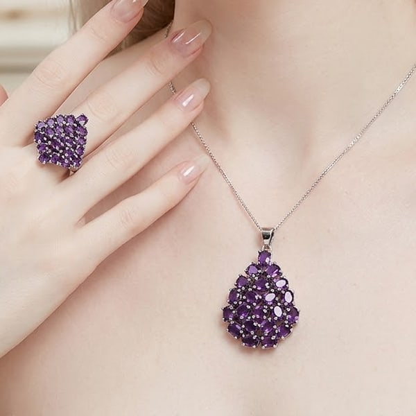 Natural Purple Amethyst with 925 Sterling Silver Jewelry Sets 13.54 Grams Pendant and Ring Size 8.5: Product ID: 808500495 Product Type: 925 Sterling Silver Fine Jewelry Jewelry Weight: 13.54 Grams. Gemstones Color: Purple Metal: Solid Silver 92.5%. Gemstone Detail: Amethyst At Your Service: At Treas