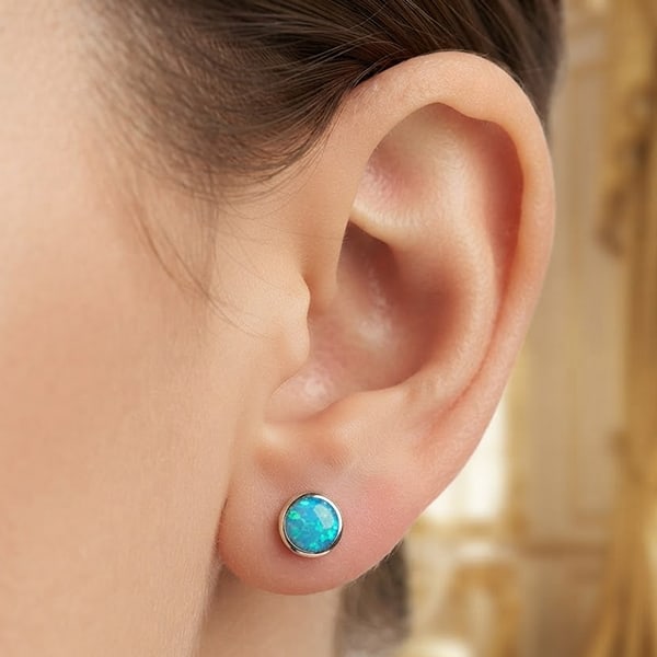 925 Sterling Silver Stud Earrings Jewelry with Multi Color Blue Created Opal 1.16 Grams (1 of 3)