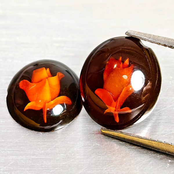 Natural Brown Yellow Amber Gemstones 1.82 Ct. 2 Pcs Flower Carving In Oval Cabochon Shape 11.2 x 9.8 (1 of 3)