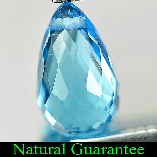 Natural Swiss Blue Topaz Gemstones 1.44 Ct. Briolette with Drilled 8 x 4.7 Mm.: Product ID: 807164599 Product Name: Natural Blue Topaz Weight: 1.44 CT. Size: 8 x 4.7 x 4.7 MM. Shape: Briolette with Drilled Color: Swiss Blue Clarity:VSI Luster: Good Gems Origin: Brazil Treatment: 
