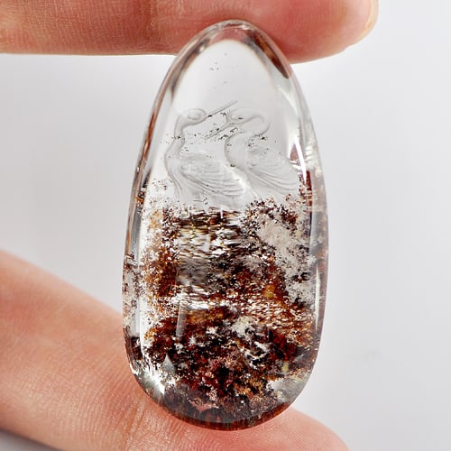 Natural Inner Moss White Quartz Gemstones 75.00 Ct. Birds Carving Shape 43 x 21 Mm.: Product ID: 805527015 Product Name: Natural Quartz Weight: 75.00 CT. Size: 43 x 21 x 14 MM. Shape: Pear Cabochon Color: Brown White Clarity:Semi - Transparent Luster: Good Gems Origin: Thailand Treatm