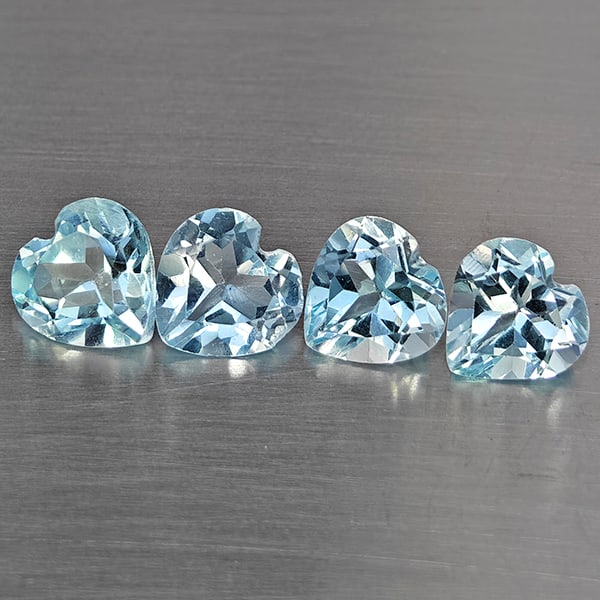 Natural Baby Blue Topaz Gemstones 2.98 Ct. 4 Pcs. Heart Shape 6.2 Mm.: Product ID: 807168968 Product Name: Natural Blue Topaz Weight: 2.98 CT. Size: 6.2 x 6.2 x 3.1 MM. Shape: Heart Shape Color: Baby Blue Clarity:VSI Luster: Good Gems Origin: Brazil Treatment: Treated Cr