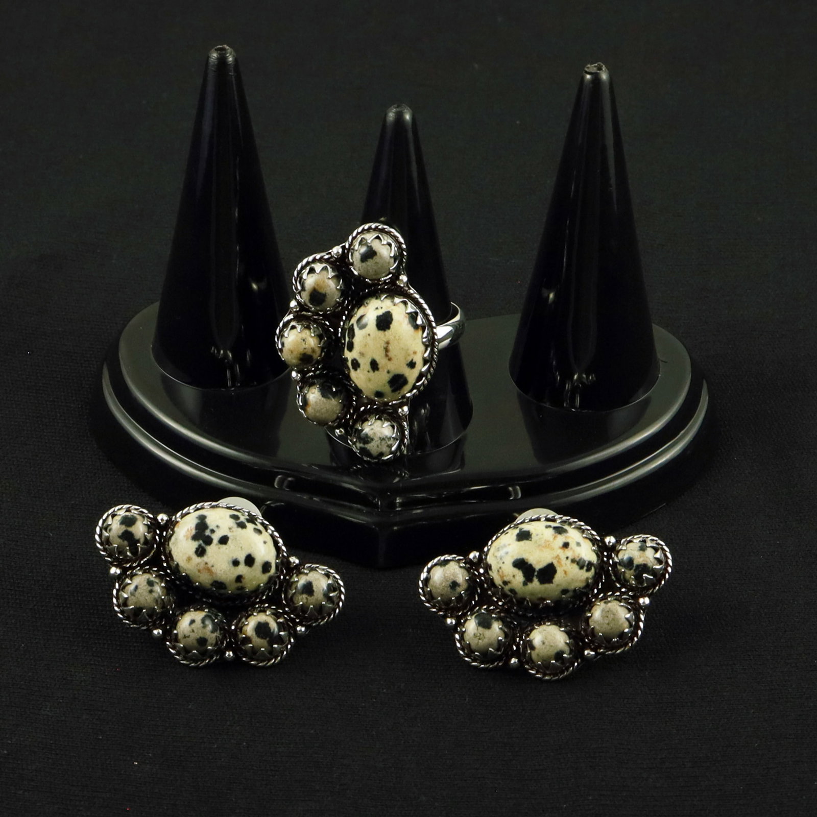 Natural Dalmatian Jasper Silver Plated Handmade Ring - 9MM With Stud Earring: Product ID: 260615125733 Product - Handmade Silver Plated Ring With Stud Earring Metal - 92.5 Sterling Silver Plated Earring Type - Stud Ring Size - 9MM Gemstone - Dalmatian Jasper Gemstone Origin - M