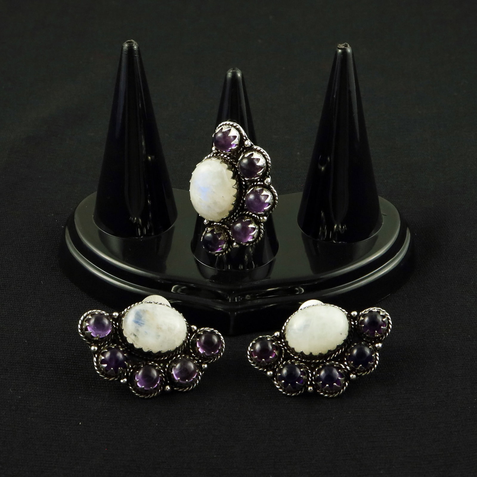 Natural Rainbow Moonstone & Amethyst Silver Plated Handmade Ring - 6MM With Stud Earring: Product ID: 260615125057 Product - Handmade Silver Plated Ring With Stud Earring Metal - 92.5 Sterling Silver Plated Earring Type - Stud Ring Size - 6MM Gemstone - Rainbow Moonstone & Amethyst Gemston
