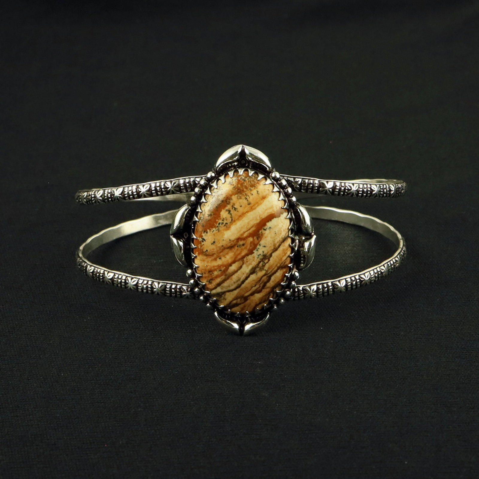 Natural Picture Jasper Sterling Silver Plated Handmade Cuff Bangle: Product ID: 260611143137 Product - Handmade Silver Plated Cuff Bangle Metal - 92.5 Sterling Silver Plated Bangle Size - 7.5x5.5 CM (Adjustable) Gemstone - Picture Jasper Gemstone Origin - United State