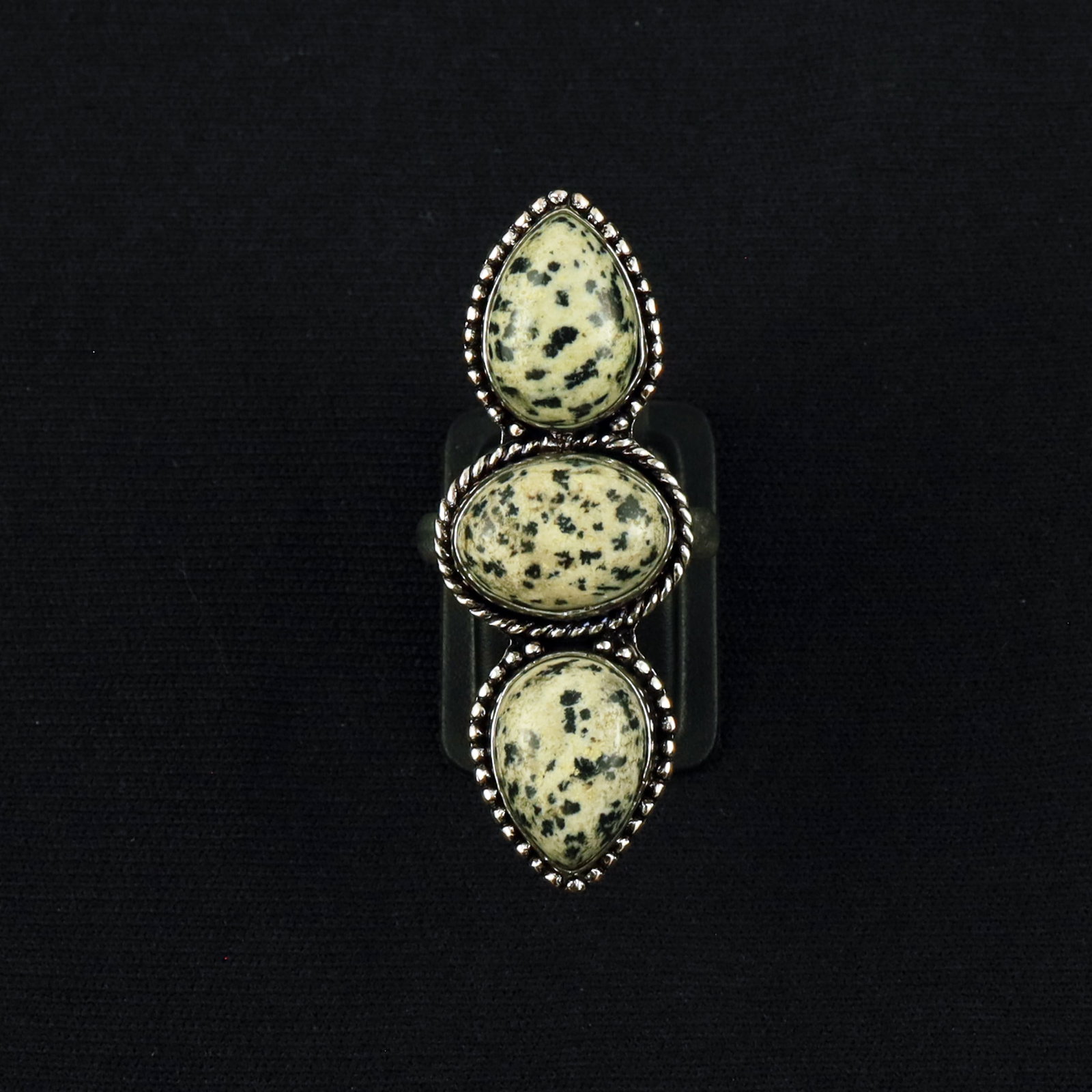 Natural Dalmatian Jasper Sterling Silver Plated Handmade Ring - 7.5MM: Product ID: 260610153642 Product - Handmade Silver Plated Ring Metal - 92.5 Sterling Silver Plated Ring Size - 7.5MM Gemstone - Dalmatian Jasper Gemstone Origin - Mexico Gemstone Size - 10X14 MM ( 3 S